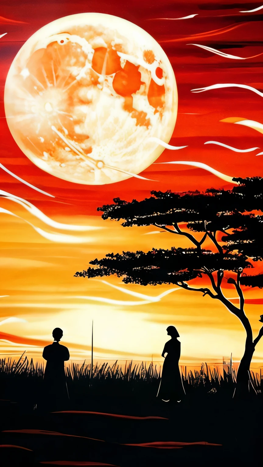 best quality, masterpiece, red art work, red moon, shadow, silhouette, clouds, wind