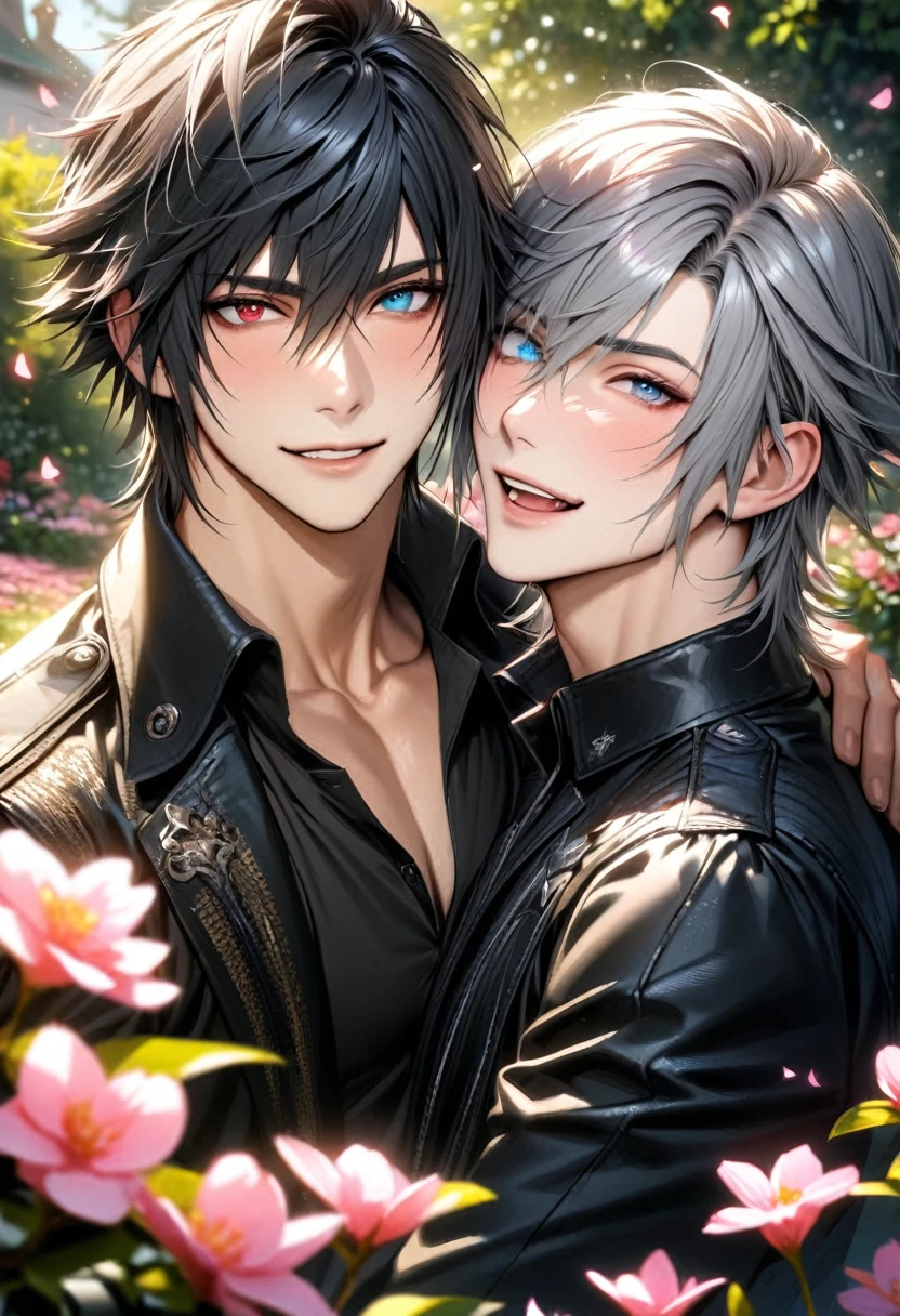 absurdres, highres, ultra detailed, HDR, masterpiece, realistic face, Riku, spiky grey hair, heterochromia, left eye red, right eye blue, Final Fantasy xv, Noctis Lucis Caelum, black hair, expressive blue eyes, 2men together, gay couple, handsome, happy, garden, blossoms, pink butterflies, pink flowers