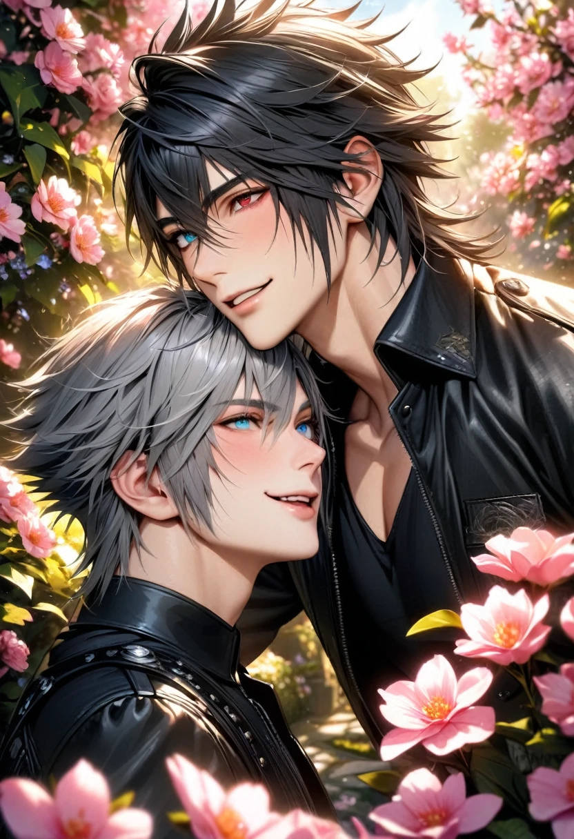 absurdres, highres, ultra detailed, HDR, masterpiece, realistic face, Riku, spiky grey hair, heterochromia, left eye red, right eye blue, Final Fantasy xv, Noctis Lucis Caelum, black hair, expressive blue eyes, 2men together, gay couple, handsome, happy, garden, blossoms, pink butterflies, pink flowers