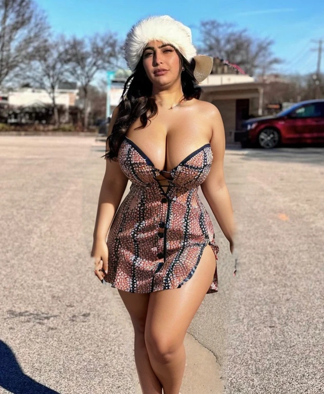 Patterned Strapless Button up drees, short dress, curvy body, cleavage, Arab skin color, curvy, low cut, big cleavage, , legs, thighs, short dress, thick thighs