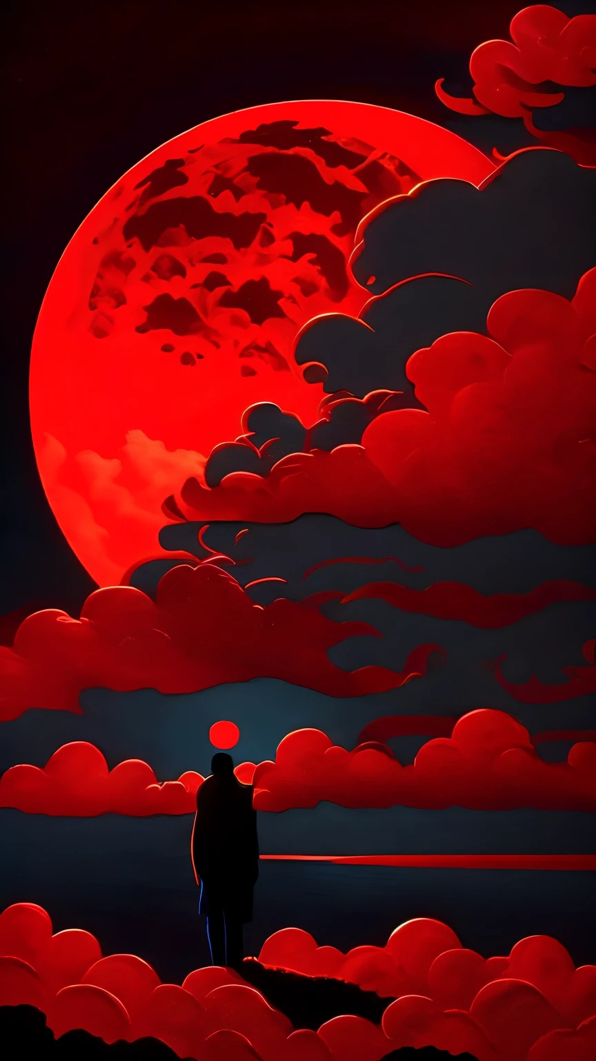 best quality, masterpiece, red art work, red moon, shadow, silhouette, clouds, wind
