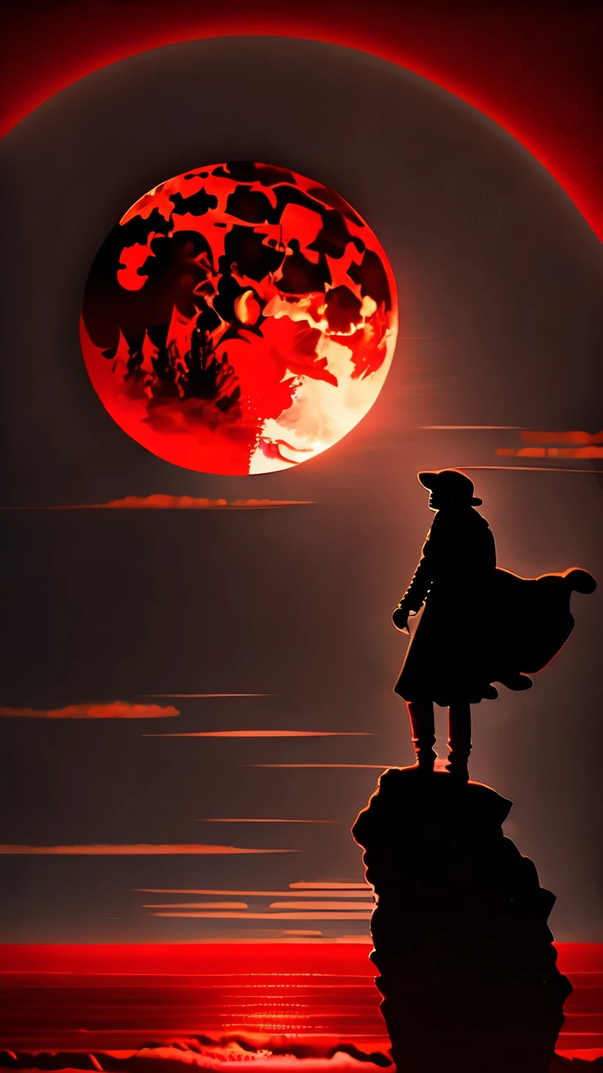 best quality, masterpiece, red art work, red moon, shadow, silhouette, clouds, wind