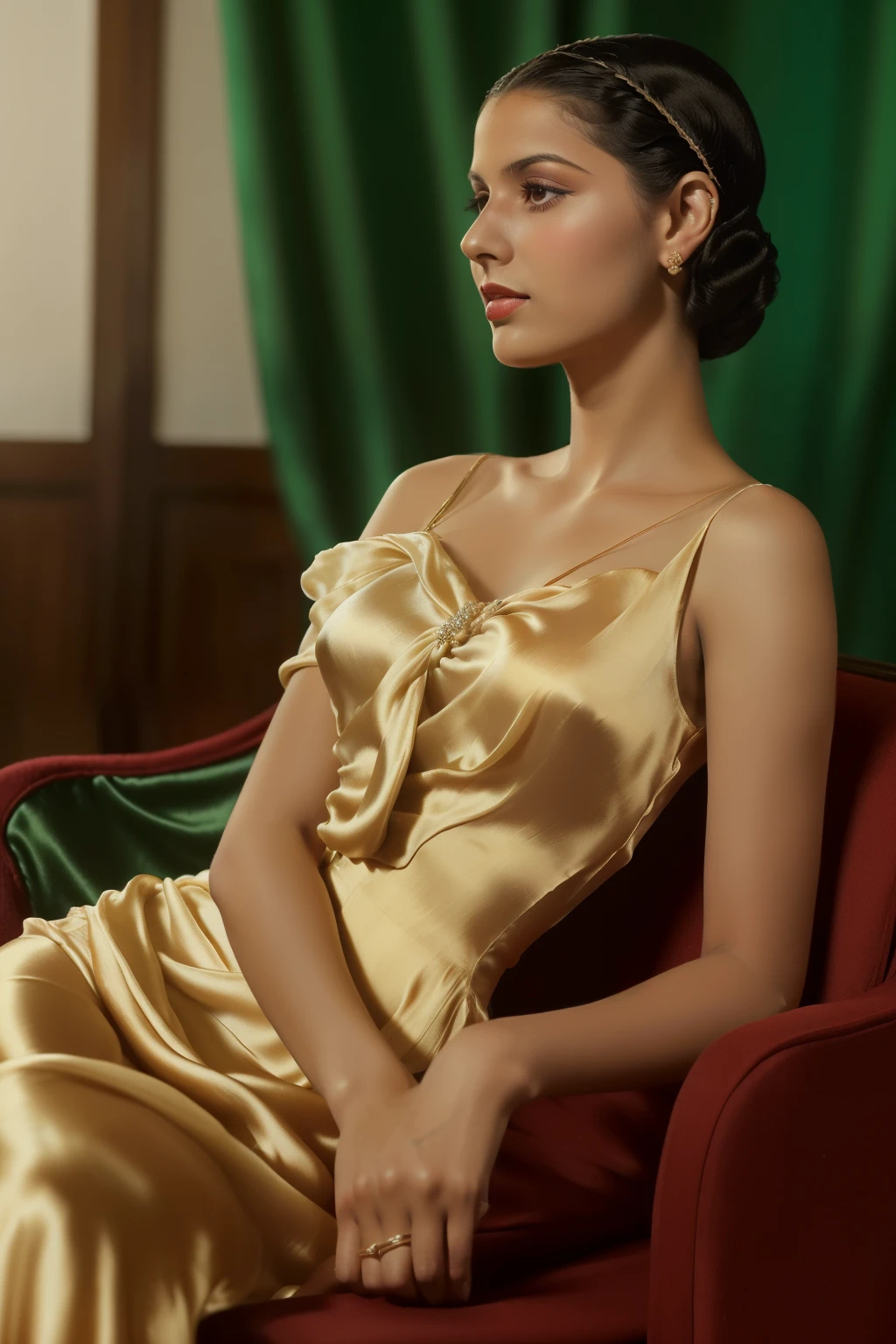 Tangier, 1937. portrait of A young ((((25-year-old)) Sira Quiroga)), beautiful, skinny, in a party, looking away, ((((elegant silk clothings from the 1930s)))), ((hairstyle of the 1930s)), ((colorful))