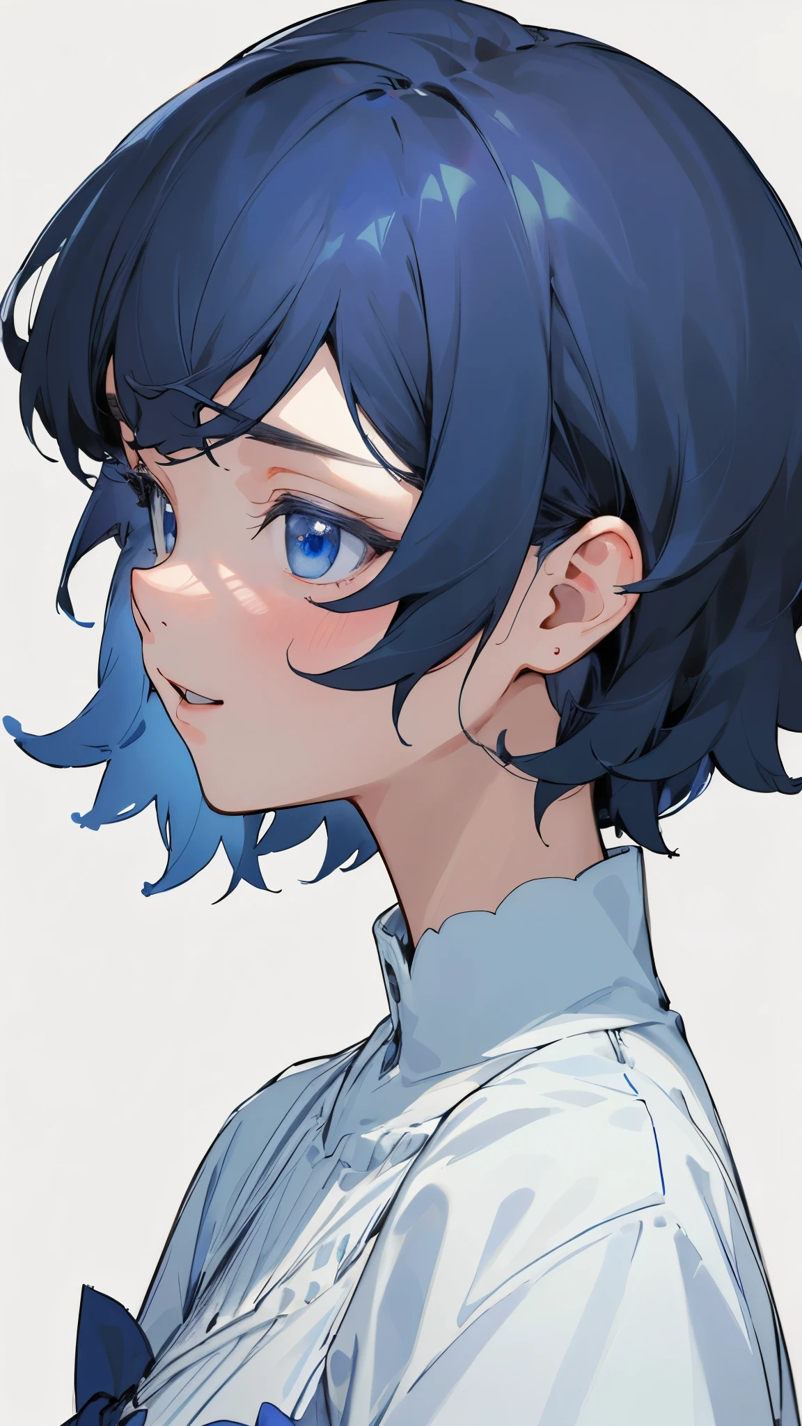One Girl、solo、Short hair、Dark blue hair、blue eyes、Laughter、White Dress、Line art、Simple Background、Upper body close-up、From the side