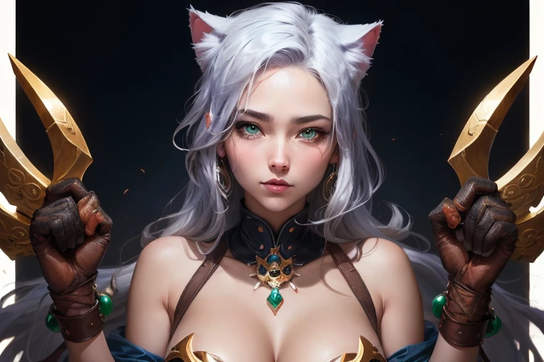 ((best quality)), ((masterpiece)), (detailed), woman with silver hair, Holding a sword, (Inspiration from Artgerm:1.2), (Pixiv competition winner:1.1), (Goddess of war:1.3), (violent art style:1.2), Close-up portrait, goddess skull, (Senna from League of Legends:1.1), , HD anime wallpaper, (Akali in League of Legends:1.1), 8k resolution masterpiece,Highest image quality,Beautiful bust of noble Cat ears,Cat ear,Cat Tail Exquisite Metallic Hairstyle,Clear golden eyes,A dazzling array of carefully crafted jewelry adorns chunky plush garments,long legs,Leather heels,极其detailed细节,advanced,Expose of love fluids,R-18G
