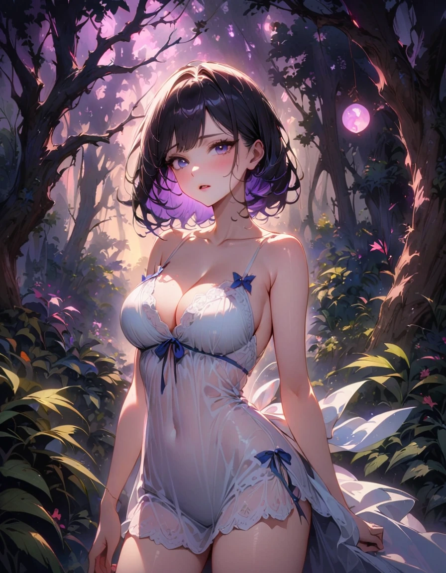 ultra-detailed, best quality, soft skin, beautiful, 4K, large breasts, cleavage, kamisatoayakadef, blush, bright eyes, standing, slim body, narrow waist, (from front:1.5), bare thigh, beautiful-detailed eyes, ((white night gown, comfortable night gown, no sleeves night gown)), ((forest background, nighttime, dark forest with moonlight seeping through the canopy)), upper body cut