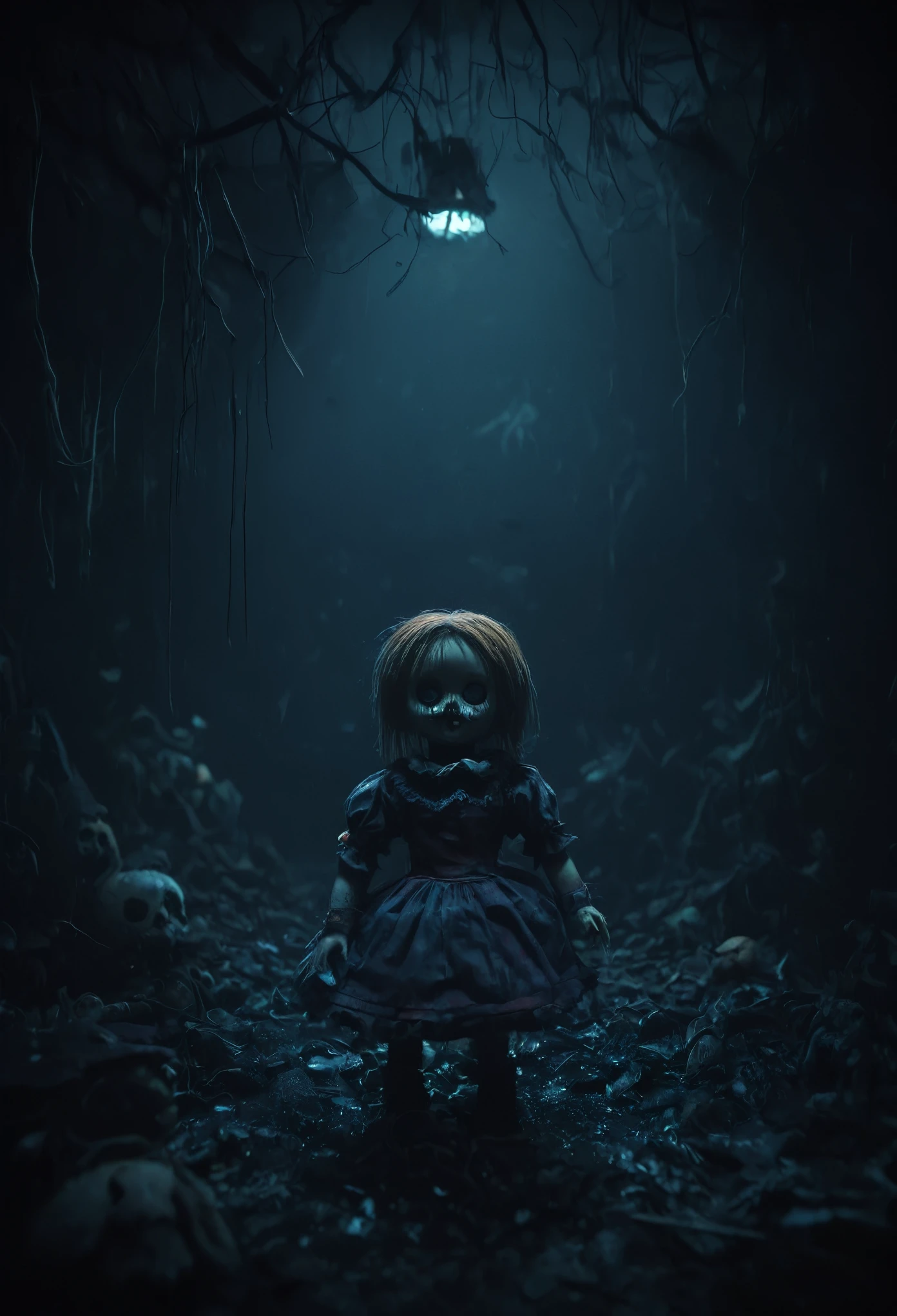 donmcr33pyn1ghtm4r3xl, vivid colors, a creepy Doll, dark and creepy face, dark and sinister environment, volumetric lighting, Horror environment