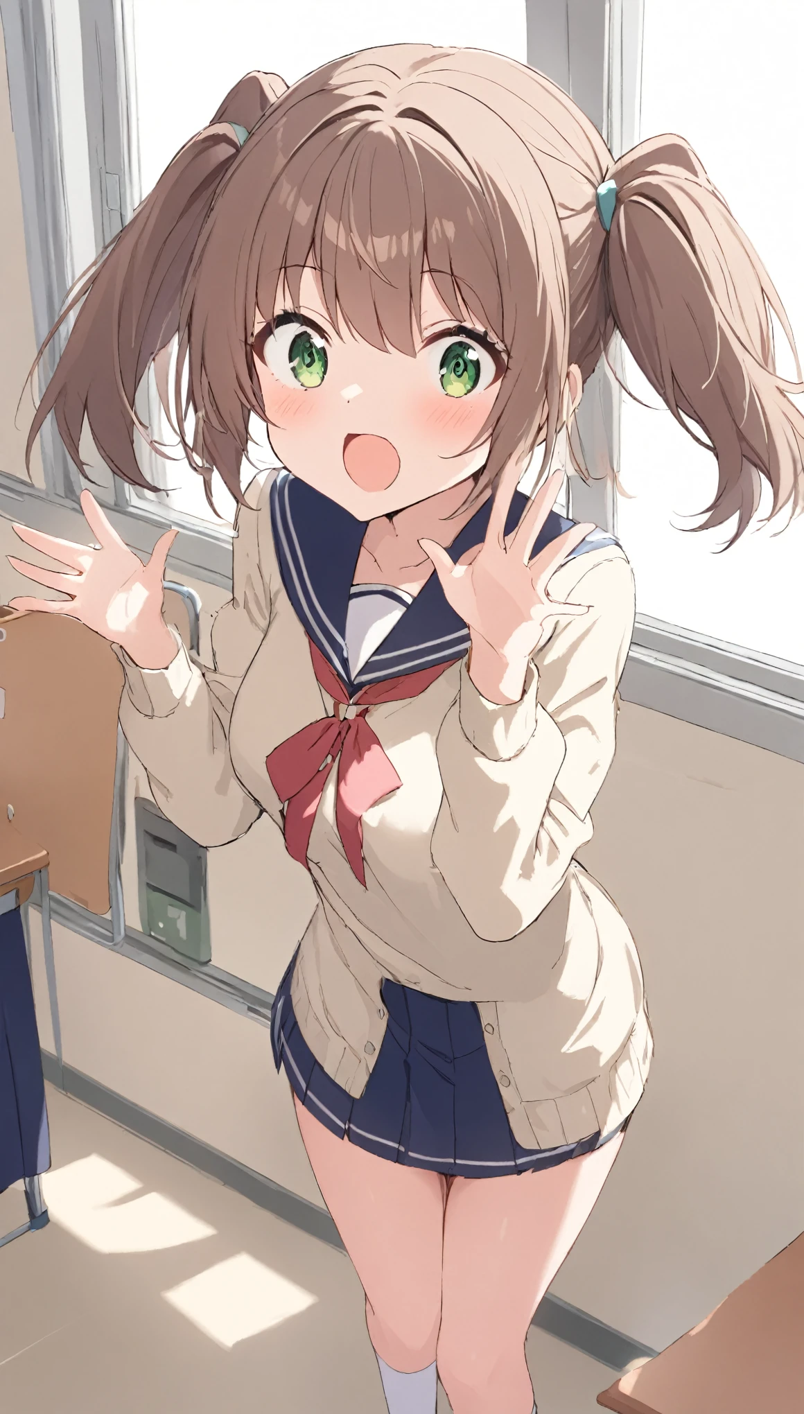 1 girl,twin tail,medium hair,Brown Hair,surprised, open mouth:0.7,,medium breasts,green eye,School,Raise your hand