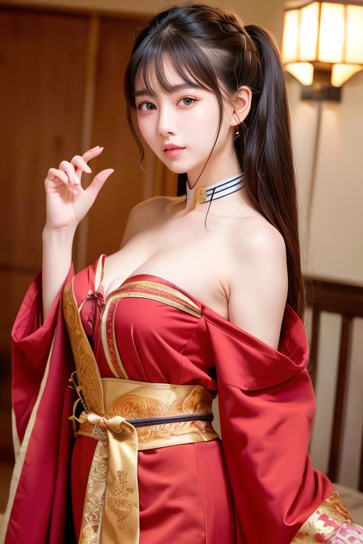 Ultra high definition、masterpiece、correct、Anatomically correct、Textured skin、Very detailed、High detail、high quality、最high quality、High resolution、8k、Raw photo、whole body、Beautiful age Woman、One Japanese woman、Big beautiful eyeedium chest、Putting black long hair up、Wearing off-the-shoulder medieval Chinese clothing、Japanese Girls、China Hotel
