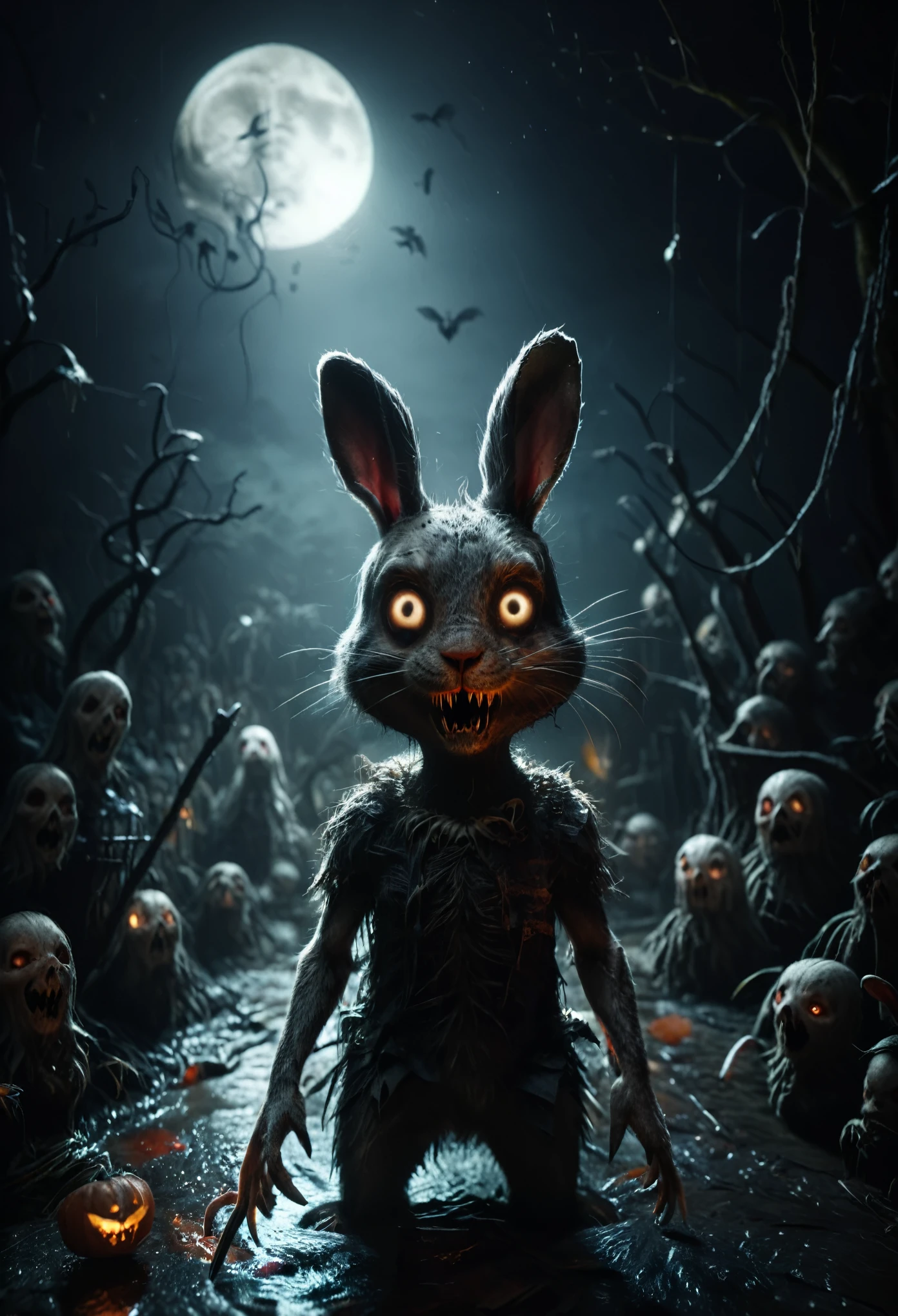 (best quality,4k,8k,highres,masterpiece:1.2),ultra-detailed, Portrait of a creepy rabbit, dark and creepy face,, dark and sinister environment, volumetric lighting, Horror environment