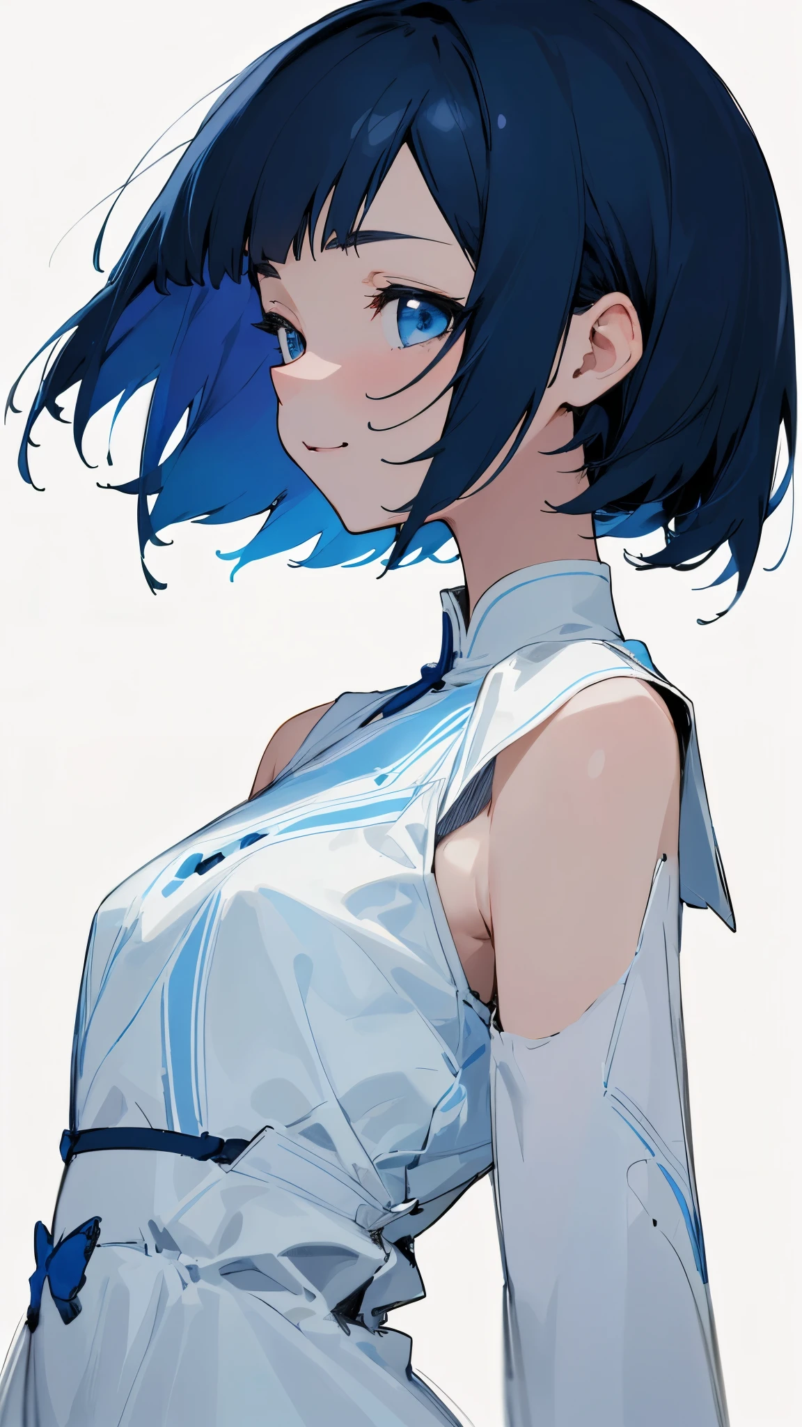 One Girl、solo、Short hair、Dark blue hair、blue eyes、Laughter、White Dress、Line art、Simple Background、Upper body close-up、From the side