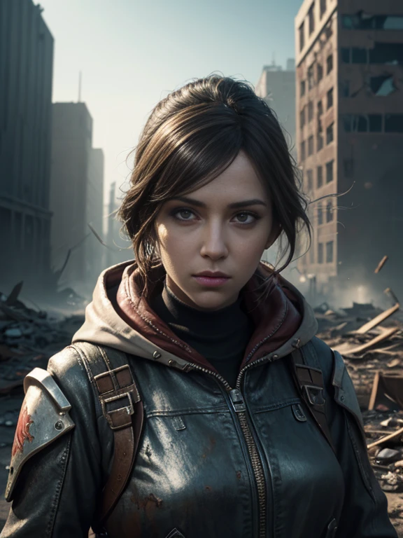 In the style of the PC game Fallout, the post-apocalypse, Cyberpunk, Girl-Synth, cyborg with implants, holding an assault weapon, with destroyed buildings in the background, Shine, Glare, Dust, Full lengh, Close-up, Full lenght, Dust, pixel graphics, Unreal Engine 5, 3D, UHD 16K, HDR, cinematic, colored pencils, ink, colors Grunge, bright lighting, high detail, high resolution, realistic, professional photo, 30mm lens, 1/250s, f/2.8