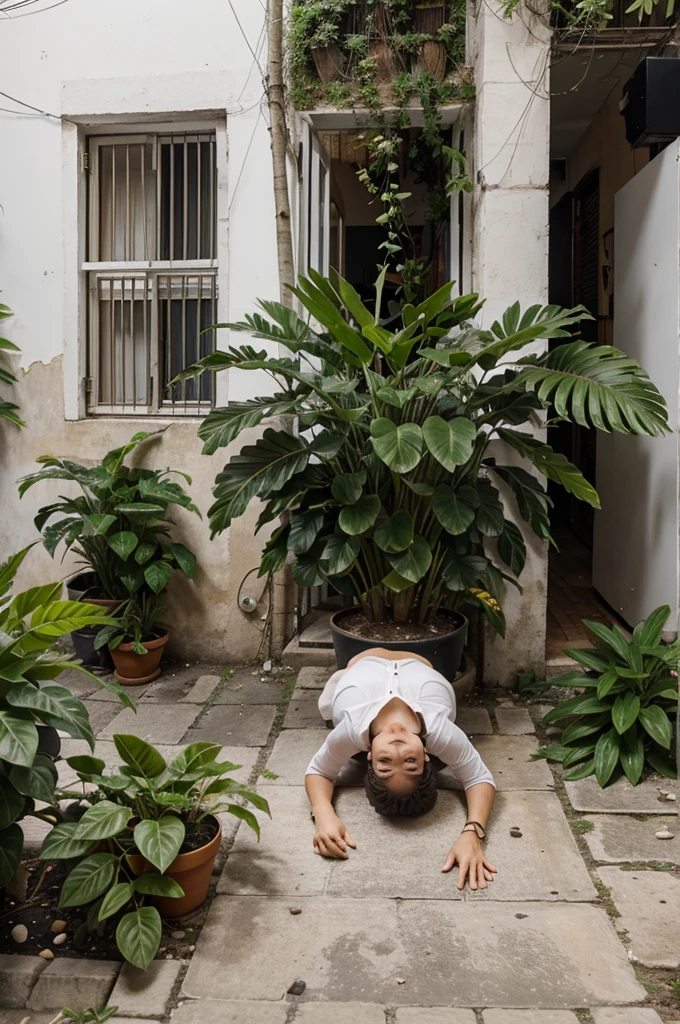 Lixeira de rua com plantas caindo dela 