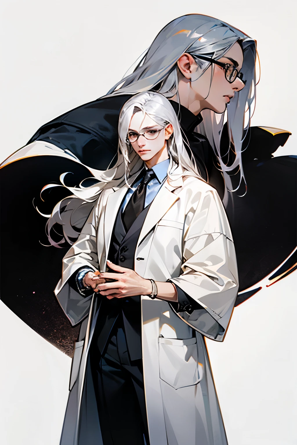Create an illustration of a young, cool-looking man with long silver hair and black eyes, wearing glasses and a white lab coat. The character should be tall and slender, exuding an intelligent and stylish demeanor. The background should be transparent or plain, focusing solely on the character.