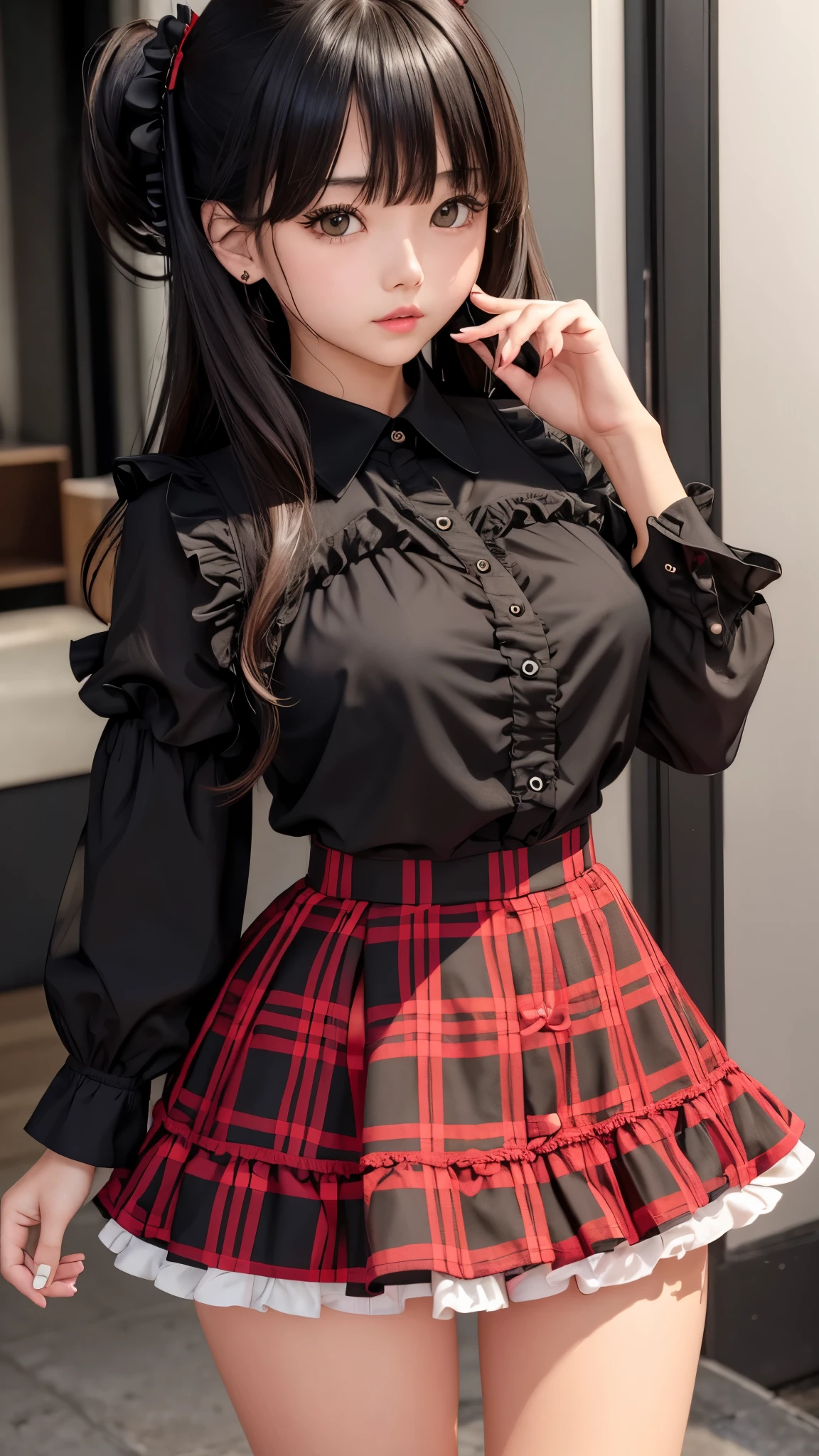 Detailed face、highlight、girl、thigh、breast enhancement、black髪、Heavy bangs、(Ruffled shirt、)(Checked mini skirt、red、black、)