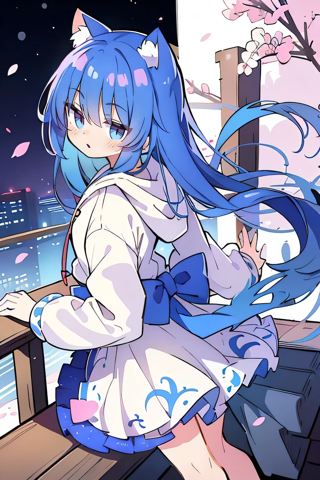（masterpiece：1.2），Super detailed，lifelike，Expressive eyes，fair skin，perfect face shape，1 girl，
Japanese comics,Gorgeous blue hair,flowing blue hair,flowing clothes,Cat ears,Petals fall,beautiful lola,Baby Angel,
Shaking head with one hand，Cross your legs，Gentle and peaceful background，The pavilion is cool and comfortable,smile, wearing hoodie, background of tokyo,back views,snowing, winter.