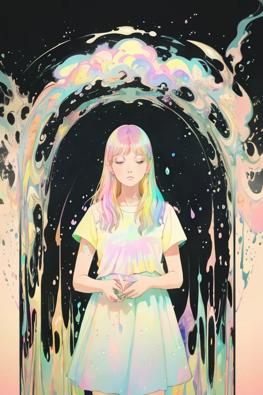 soft pastel colors, cartoon style illustration of a woman as she sees the world while experiencing hallucinations, stoned, splash art, splashed pastel colors, (soft iridiscent glowy smoke) motion effects, best quality, wallpaper art, UHD, centered image, MSchiffer art, ((flat colors)), (cel-shading style) very vibrant neon colors, ((low saturation)) ink lines, iridiscent,