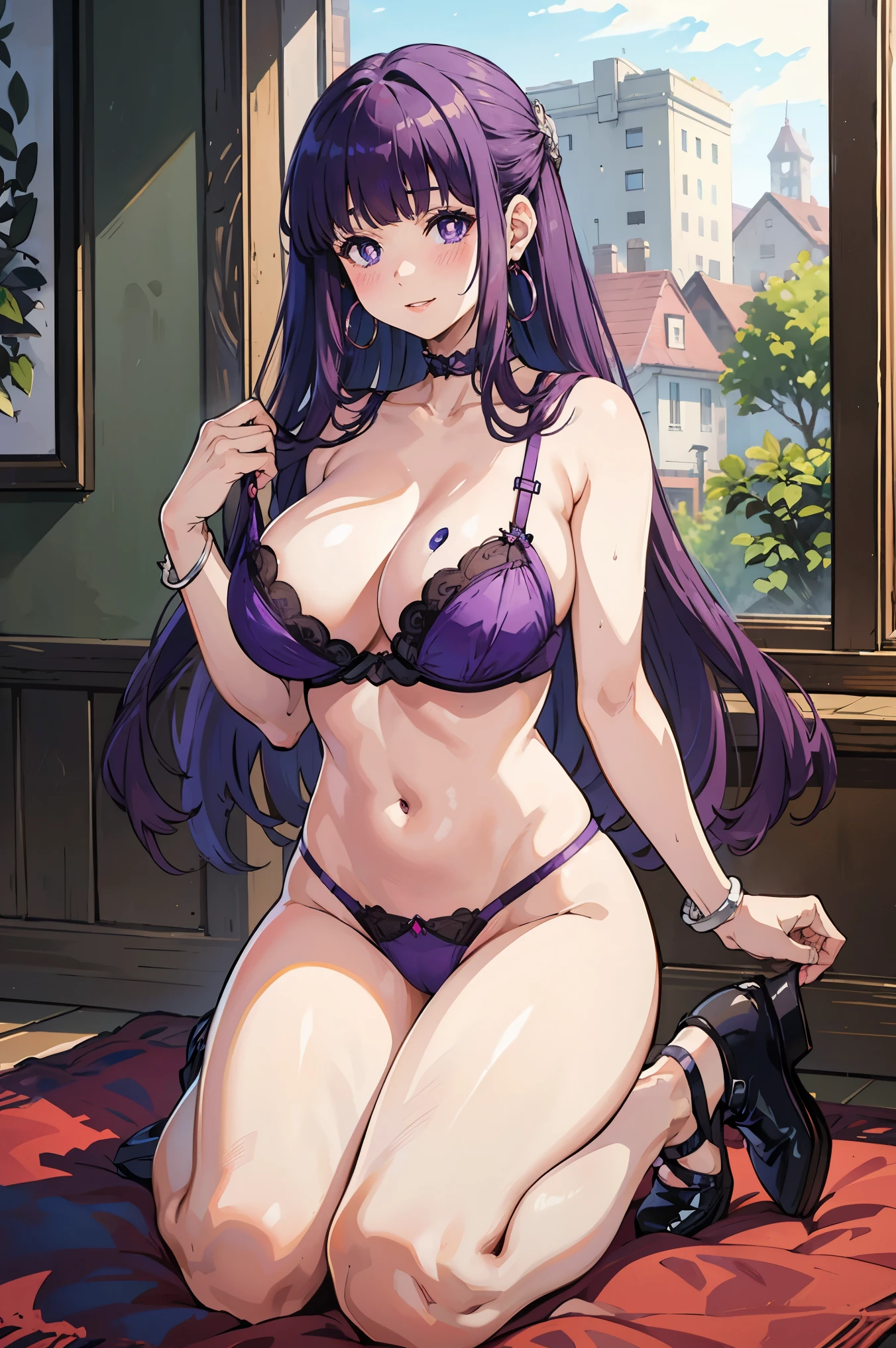masterpiece, best quality, beautiful woman, solo, full body, lingerie , detailed hairstyle, completly sweated, hoop earrings, blush, lewd, mature female,, FernFrieren, purple eyes, (purple pupils), large breasts, very long hair, purple hair shushing, blush, smile, looking at viewer