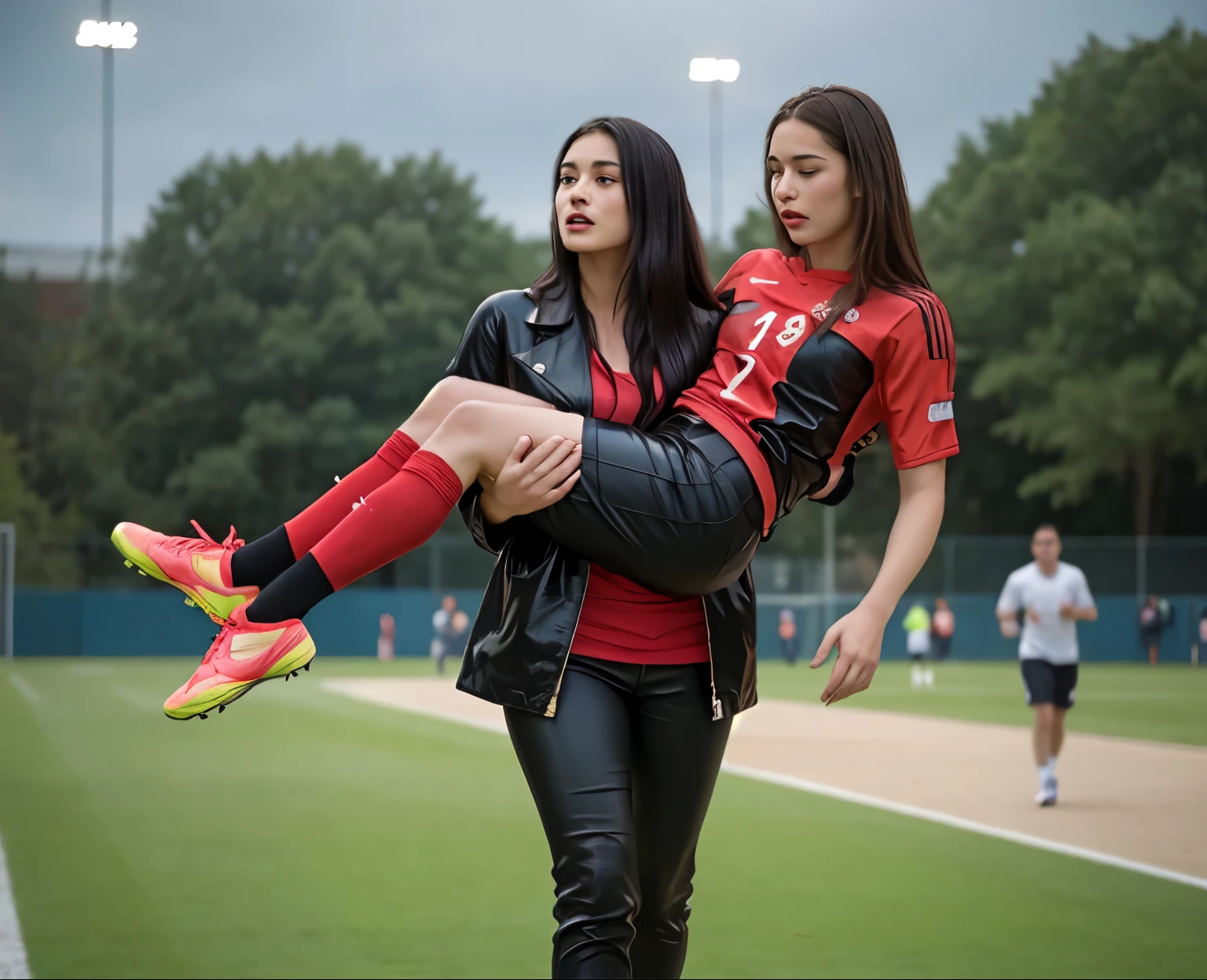 Andrea carries the wounded man's body in her hands, Andrea grabs his legs and his body with her hands, the bearded man in Andrea's arms is visibly in pain, stadium atmosphere, the bearded man is lying consciousless in Andrea's arms with one arm hanging down, A scene at a soccer stadium, a bearded man lying in a caring women's arms, lying helpless in her arms with his head dangling down, he has one arm dangling down while being carried in the women's arms, There is an attractive and heavily made-up woman in a long black leather coat, A pretty woman in a shiny black leather coat on a soccer field, A wonderful woman is holding a passed out man, A man in matt and roughened sportswear is held diagonal in her arms, a man in a woman's arms and lets one arm dangling down, we see the man held in front of the woman's body, the man is cradled in the woman's arm while being carried, the beautiful woman is exceptionally heavily made up and has an extremely desperate and very angry expression on her face, high-resolution photo, realistic sports photo, soccer scene, woman in black shiny long leather coat, injury scene, real photo, ultra realistic, high definition, sports photography
