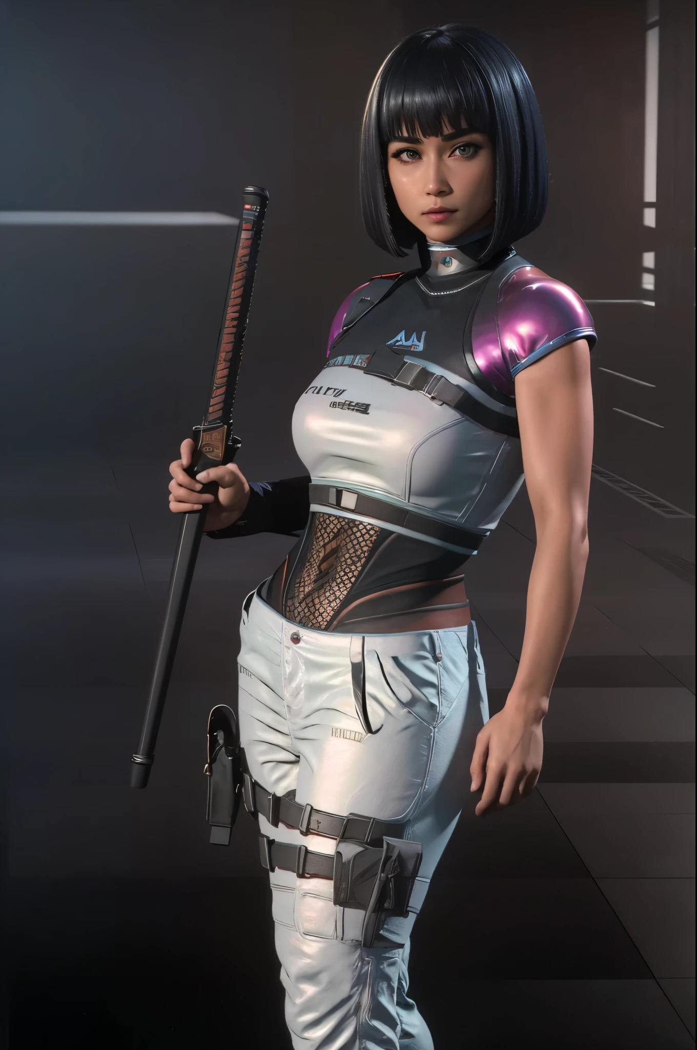 (full body portrait, 1 girl, looking at viewer, highly detailed, anatomy correct:1.4), white pants, black boots, tactical gear, bob haircut, black hair, american features, Sharp focus, katana on back, short sleeve, Caucasian, sexy pose, ((Best quality, masterpiece, Very beautiful woman)), Depth-of-field, Multi-layered textures, HDR (High Dynamic Range), Ray Tracing, NVIDIA RTX, Unreal 5, Subsurface scattering, PBR Texturing, Post-processing, Anisotropic Filtering, Maximum clarity and sharpness, Wide aperture, Low ISO, White balance, Rule of thirds, 8K RAW, (extremely slutty), (Highly realistic skin), sharp image, (extremely high quality artwork),
