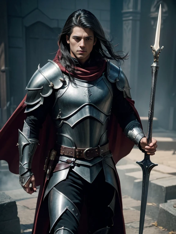 (master piece:1.5), (best quality:1.5), (exquisite lighting and shadow, highly dramatic picture, cinematic lens effect) (Photorealistic picture) highly detailed, realistic, cinematic lighting, studio quality, 8k, wallpaper, dynamic pose, anatomy correct, epic fantasy digital art, Epic composition, full body Male knight wearing a black leather armor with red accents, long black cape with silver lightnings ornaments, holding a large spear and shield
