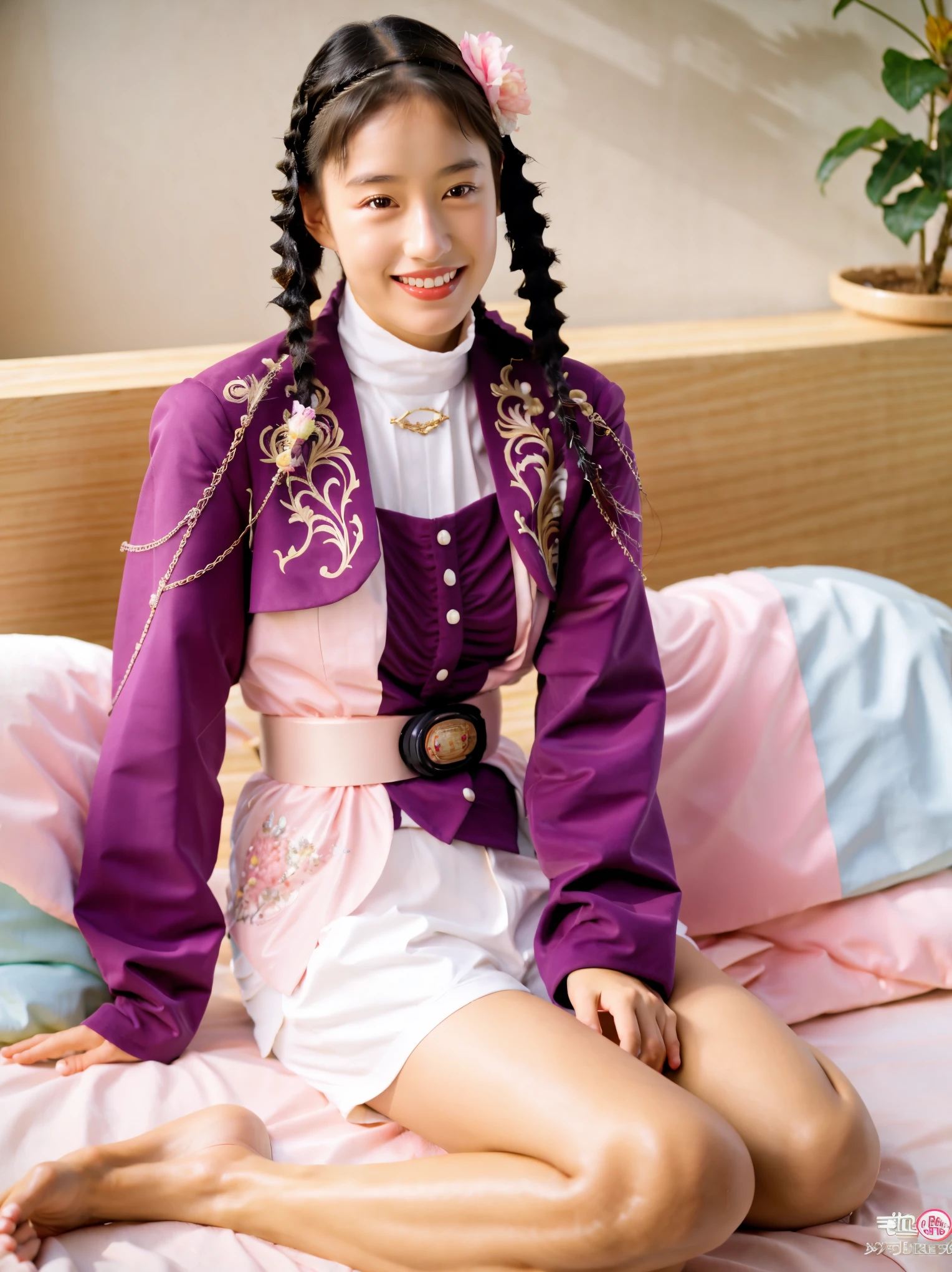 (extremely detailed CG), (best quality), 1girl, perfect face, shiny skin, lustrous skin, wide hips, narrow waist, ,MeiZyu,jacket,white shorts, braid,twin braids,hairband,long sleeves, shorts, belt, black hair,,smile, indoors, lying on bed, arms over head,