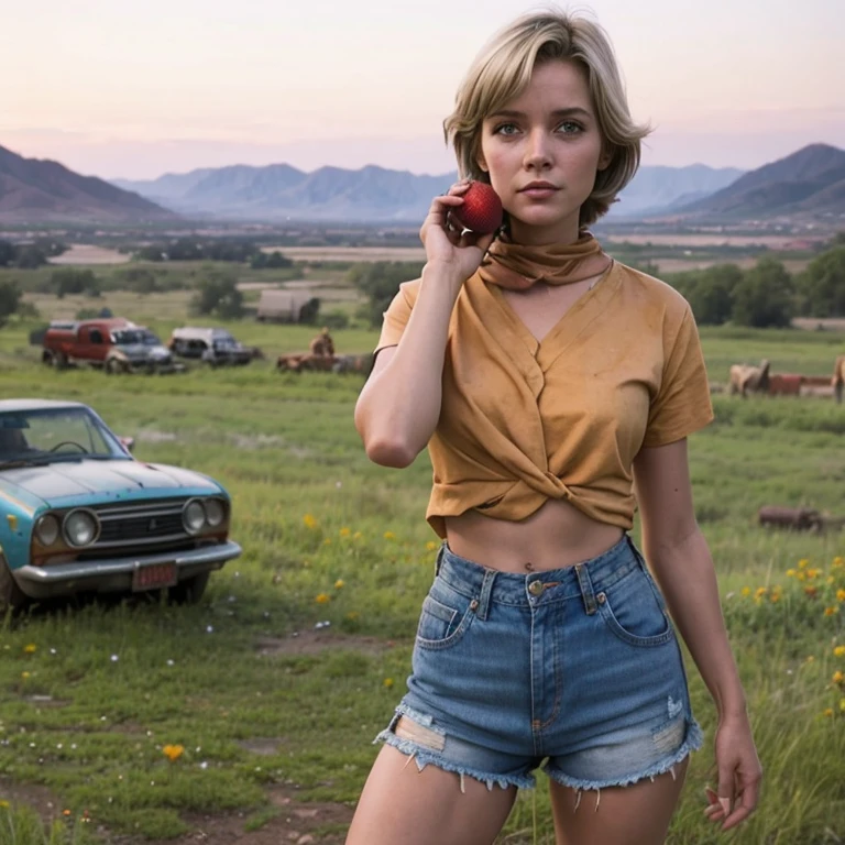 2076 year. Wasteland Ruins, Female huntress picking fruit in the garden, Beautiful face, blonde, badly torn shirt and denim shorts ,  Long legs, sweat, Sunrise, Nice warm colors, from head to toe, full body shot, beautiful hands, perfect fingers,