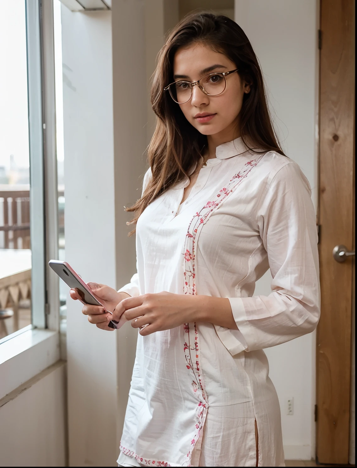 A girl wearing spec . She is around 16 years height is around 153cm she is tooper she studied in 9 wearing chikankari kurti in pink coloured kurti and her coloured in white tone clicking selfie