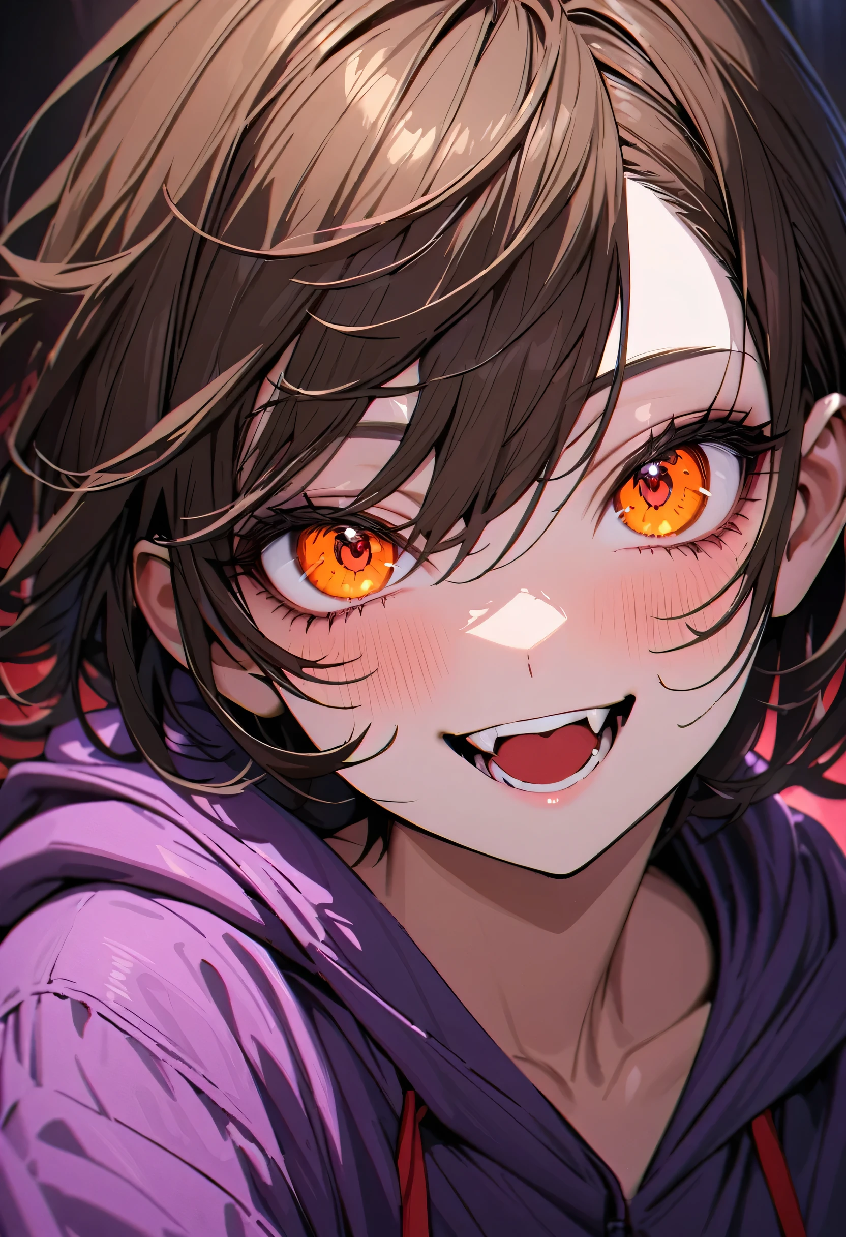 Vampire girl with dark brown hair and orange eyes wearing a purple hoodie smiling with vampire mouth in a club, ultra-detailed, extremely detailed, best quality, expressive eyes,  perfect face, pretty face, detailed face, beautiful eyes, detailed eyes, beautiful hair, short hair
