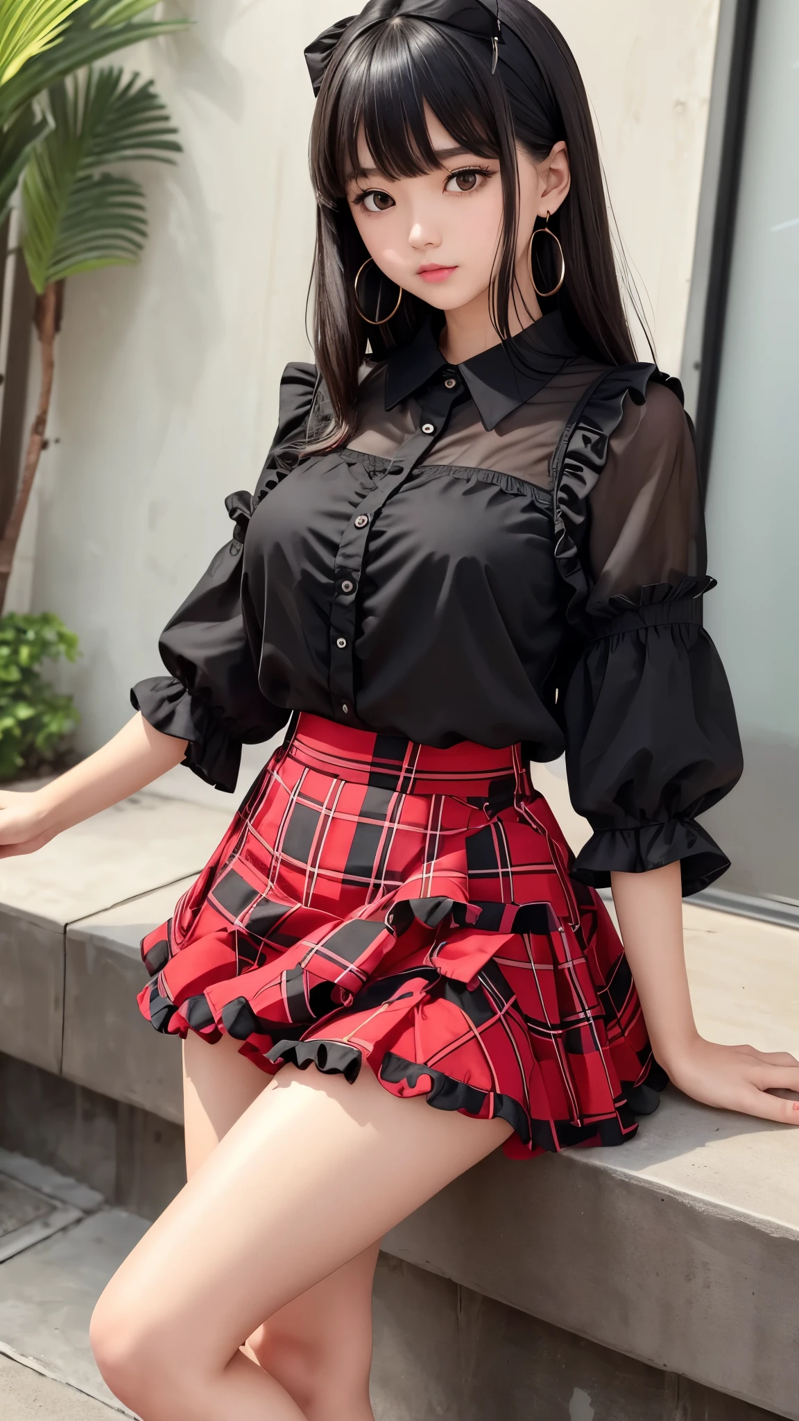 Detailed face、highlight、girl、thigh、breast enhancement、black髪、Heavy bangs、(Ruffled shirt、)(Checked mini skirt、red、black、)