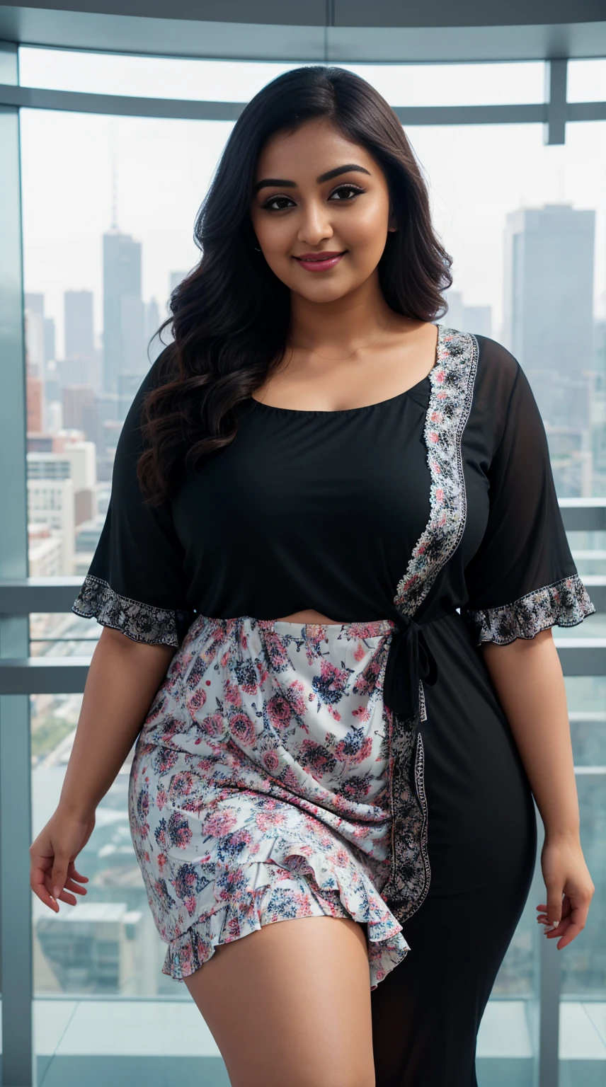 monali thakur Indian beautiful actress curvy plus size hour glass bulky figure woman, closeup camera view, wearingROMWE Hippie Women Summer Floral Print Splice Lace Ruffle Hem Camisole Top, different style hairstyle, bright eyes, thin eyebrows, fair skin, blushing cheeks, prefect head to toe view, full body view, Futuristic Cityscape: A futuristic city with sleek architecture, neon lights, and sci-fi vibes. smile face, black hair, Indian face, perfect skin tone light, ultra realistic skin texture
