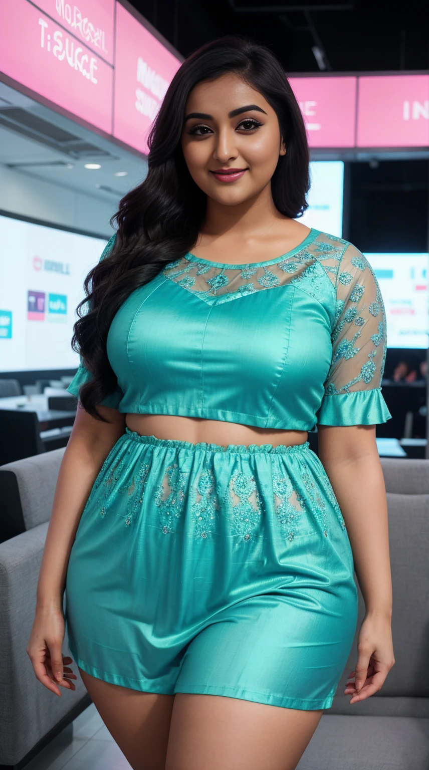 monali thakur Indian beautiful actress curvy plus size hour glass bulky figure woman, closeup camera view, wearingROMWE Hippie Women Summer Floral Print Splice Lace Ruffle Hem Camisole Top, different style hairstyle, bright eyes, thin eyebrows, fair skin, blushing cheeks, prefect head to toe view, full body view, Futuristic Cityscape: A futuristic city with sleek architecture, neon lights, and sci-fi vibes. smile face, black hair, Indian face, perfect skin tone light, ultra realistic skin texture