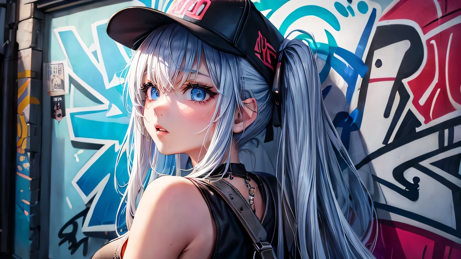 Back Alley Girl、(Super Detail)、(8k)、((Modern Hip Hop))、(Graffiti wall)、(Esbian all over)、(Highly detailed face)、(Cold Face)、