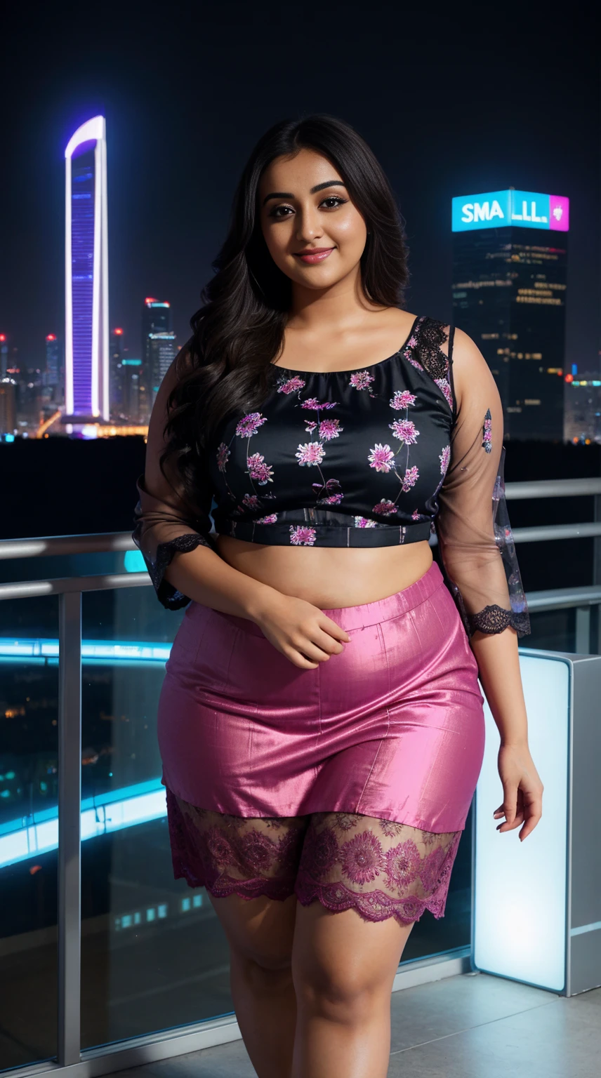 monali thakur Indian beautiful actress curvy plus size hour glass bulky figure woman, closeup camera view, wearingROMWE Hippie Women Summer Floral Print Splice Lace Ruffle Hem Camisole Top, different style hairstyle, bright eyes, thin eyebrows, fair skin, blushing cheeks, prefect head to toe view, full body view, Futuristic Cityscape: A futuristic city with sleek architecture, neon lights, and sci-fi vibes. smile face, black hair, Indian face, perfect skin tone light, ultra realistic skin texture