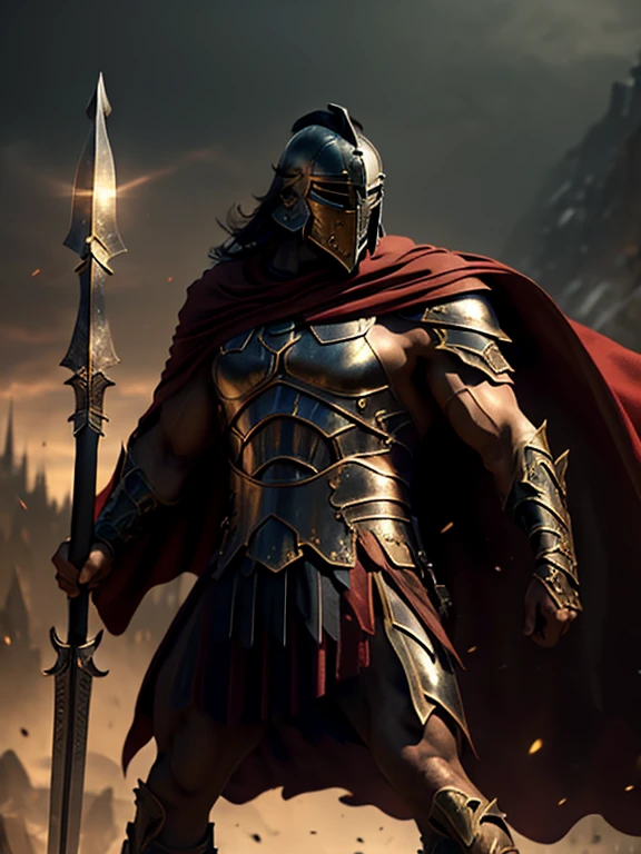 (master piece:1.5), (best quality:1.5), (exquisite lighting and shadow, highly dramatic picture, cinematic lens effect) (Photorealistic picture) highly detailed, realistic, cinematic lighting, studio quality, 8k, wallpaper, dynamic pose, anatomy correct, epic fantasy digital art, Epic composition, full body Male knight wearing a black leather armor with red accents, long black cape with silver lightnings ornaments, holding a large spear and shield