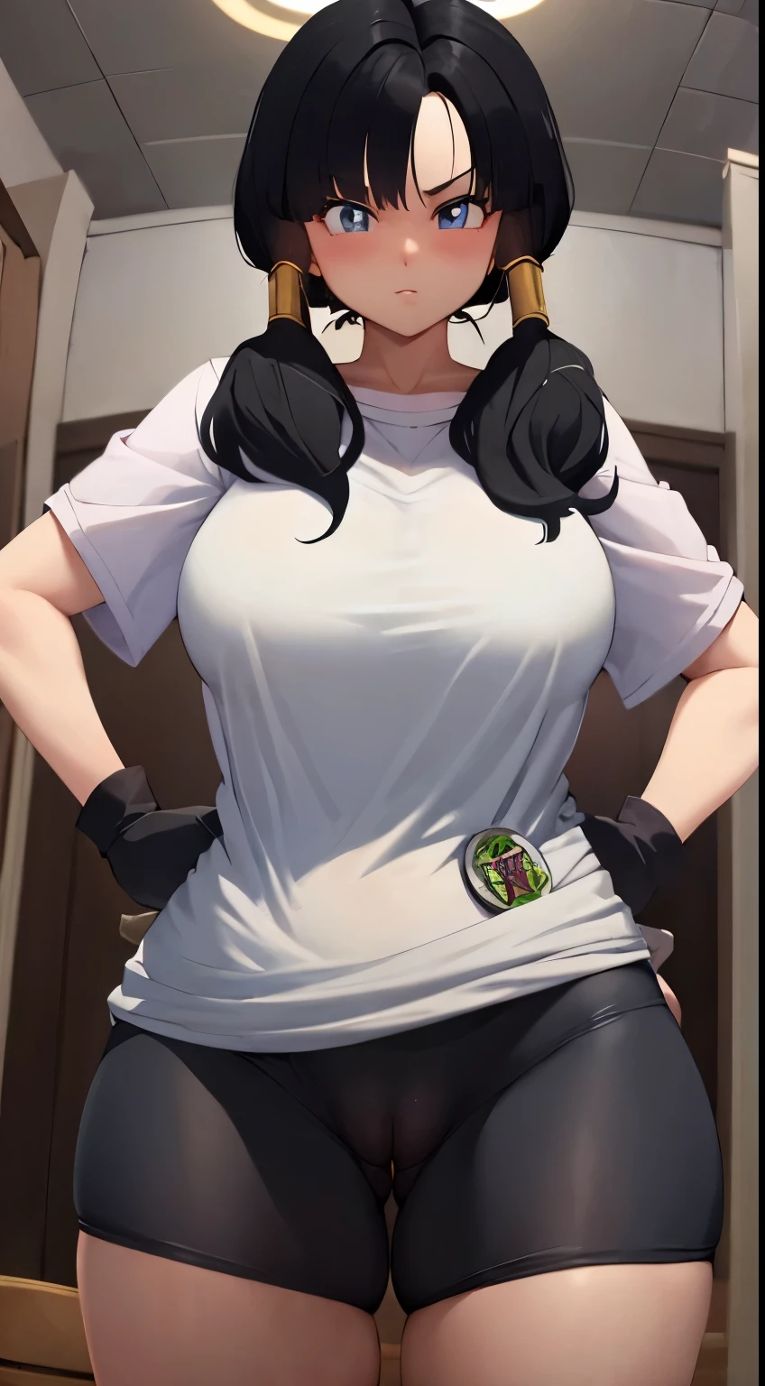 Videl's breasts measure 106 cm, masterpiece, best quality, highres, videl2, solo, blue eyes, black hair, twintails, black gloves, bike_shorts, bangs, white shirt, badge, cowboy shot, frown, hand on hip, leaning forward, pointing at viewer, Big Breasts , opening your legs, Nsfw , Focus crotch, detailed and sexy crotch , vulva Nsfw , Swollen vulva, big and voluptuous crotch vulva , Super tight shorts that highlight the vulva , POV