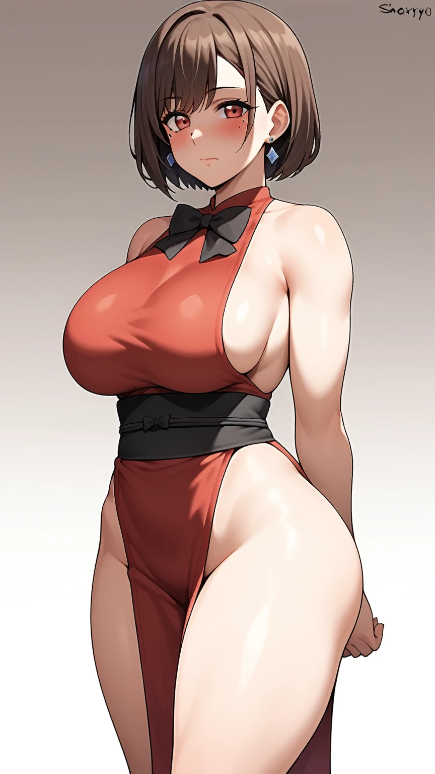 1girl, breasts, red_eyes, jewelry, mole_under_eye, earrings, solo, mole, sideboob, thighs, looking_at_viewer, large_breasts, bare_shoulders, thick_thighs, wide_hips, white_background, dress, pelvic_curtain, arms_behind_back, black_hair, bow, bowtie, blush, short_hair, red_dress, mature_female, simple_background, curvy, black_bow, brown_hair, sash, closed_mouth, black_bowtie, groin, sleeveless, bangs