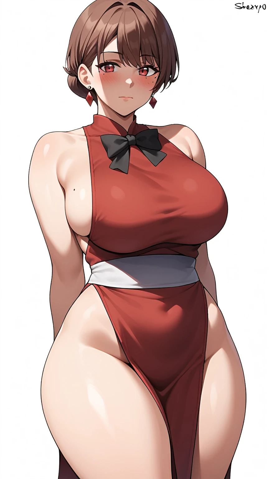 1girl, breasts, red_eyes, jewelry, mole_under_eye, earrings, solo, mole, sideboob, thighs, looking_at_viewer, large_breasts, bare_shoulders, thick_thighs, wide_hips, white_background, dress, pelvic_curtain, arms_behind_back, black_hair, bow, bowtie, blush, short_hair, red_dress, mature_female, simple_background, curvy, black_bow, brown_hair, sash, closed_mouth, black_bowtie, groin, sleeveless, bangs
