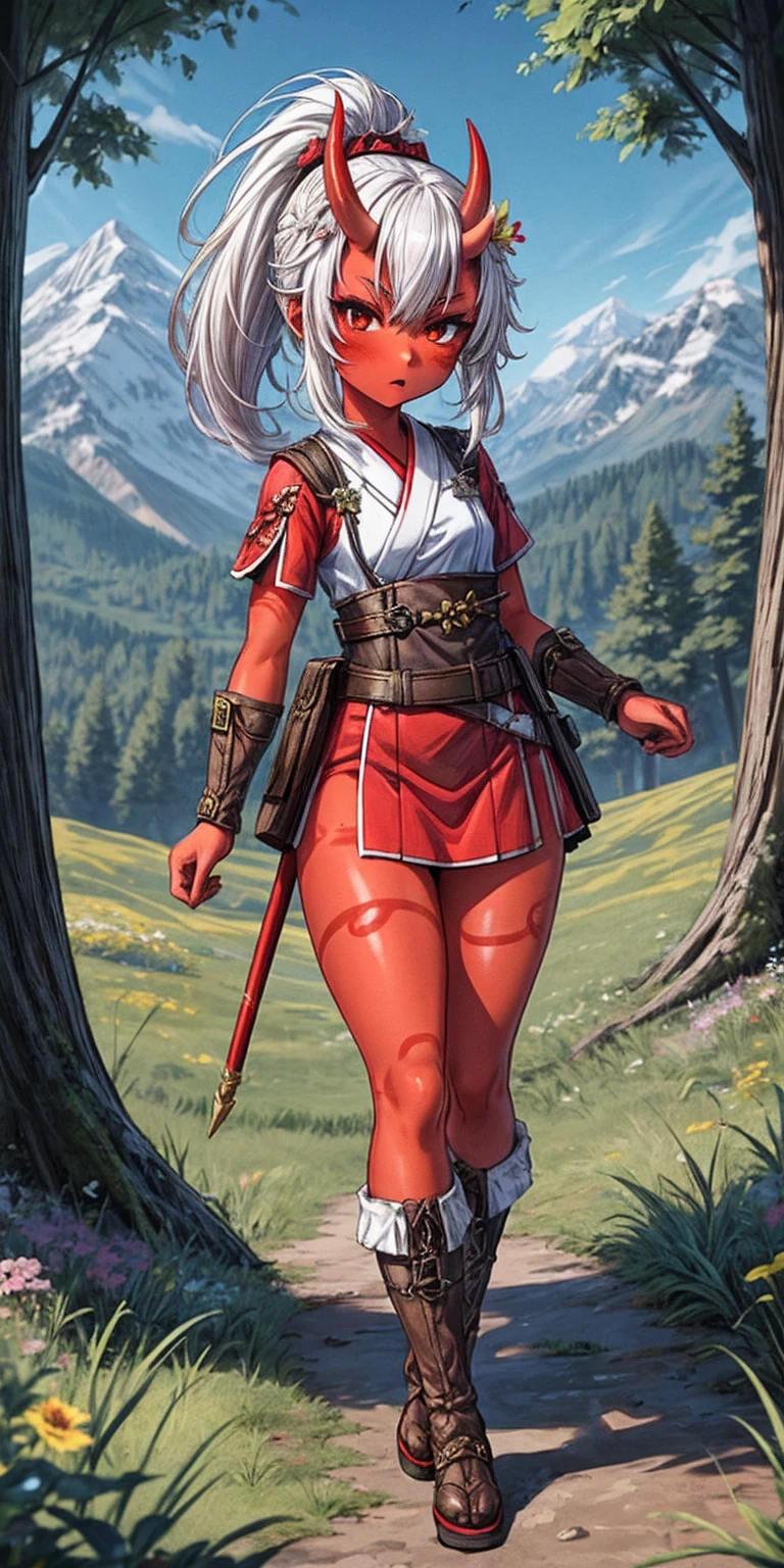 1 girl, (((oni girl))), (((red skin))), horns, white hair, ponytail, (((adventurer outfit))), explorer, researcher, fascinated expression, full body portrait, outside, forest, mountains, butterflies, flowery meadow