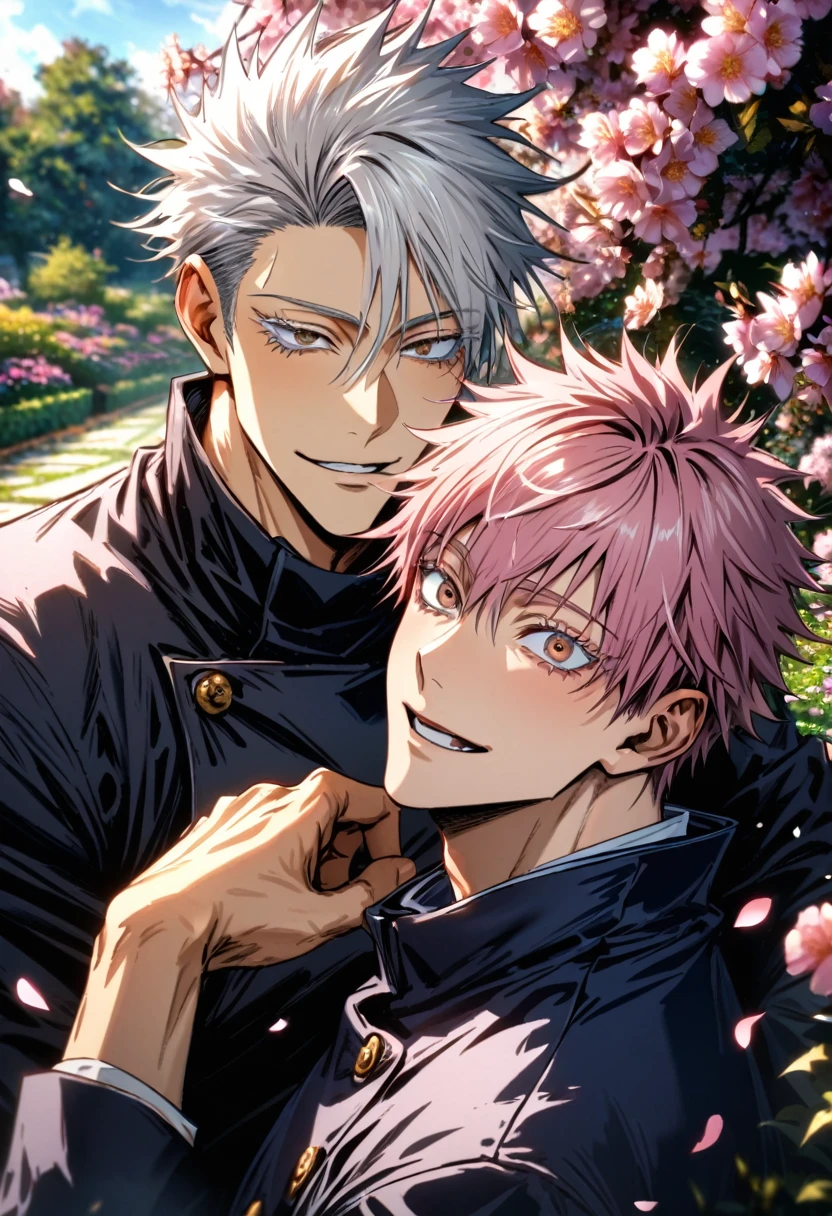 absurdres, highres, ultra detailed, HDR, masterpiece, realistic face, Gojo Satoru, white hair, with bangs, hair between the eyes, white eyelashes, Jujutsu Kaisen, Itadori Yuji, pink hair, expressive brown eyes, 2men together, gay couple, yaoi, handsome, happy, garden, blossoms, pink butterflies, pink flowers