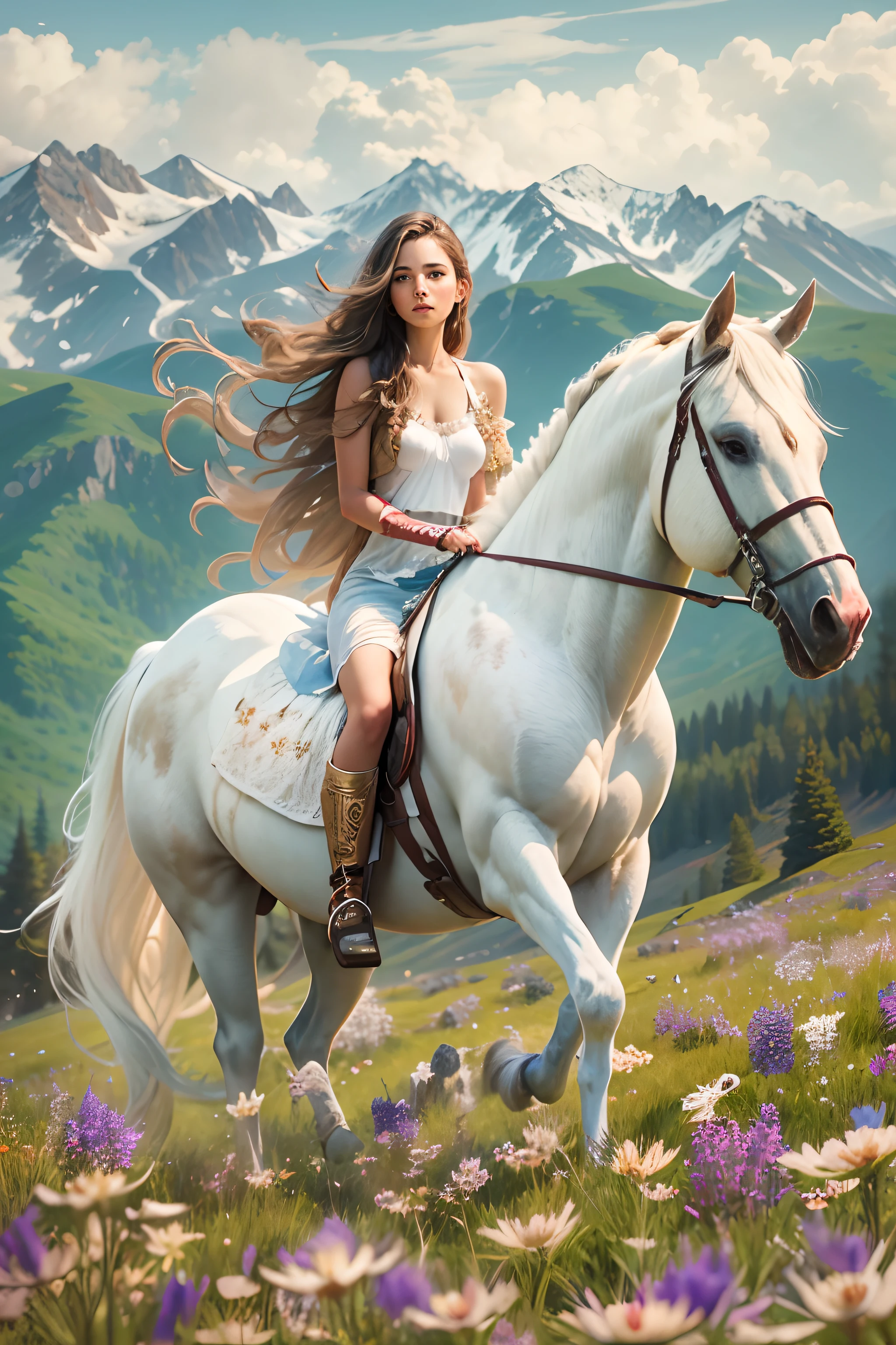 Fille de 20 ans aux cheveux longs, sur un cheval blanc, champ d'herbe, fleurs sauvages, snow-capped mountains..