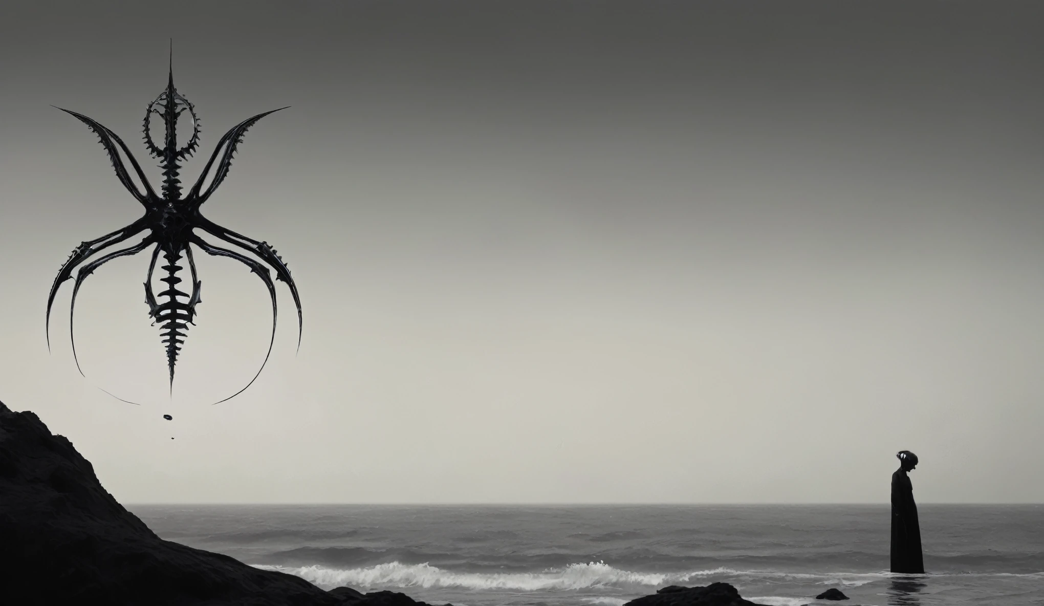 Create a simple and elegant dead star fish's skeleton logo,wendigo,flow, shedding niobium tears. The design should convey a strong sense of sadness and melancholy, using a minimalist approach with clear lines and using only black, nicola samori,ben templsmith,Irina Yermolova