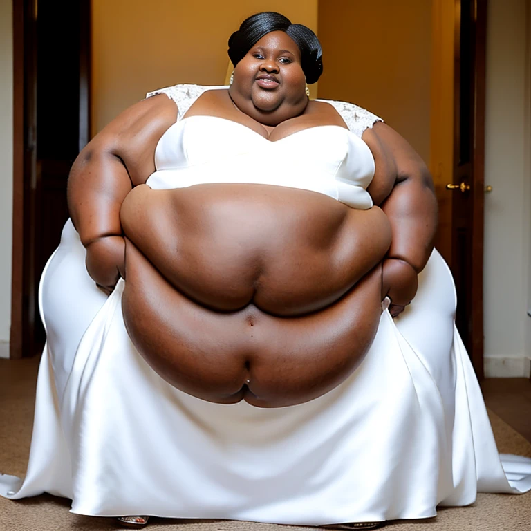 sbbw solo extremely morbidly obese Liberian woman full body alone wearing a white wedding dress