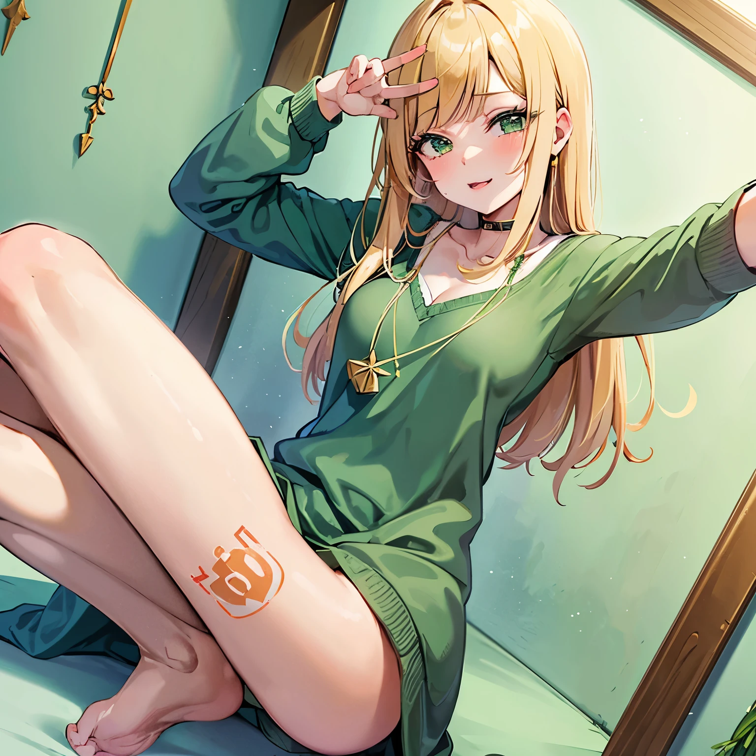 Anime character Kitagawa Marin from my dress up darling at the age of 20 with green outfit and flirty looking at the camera selfie