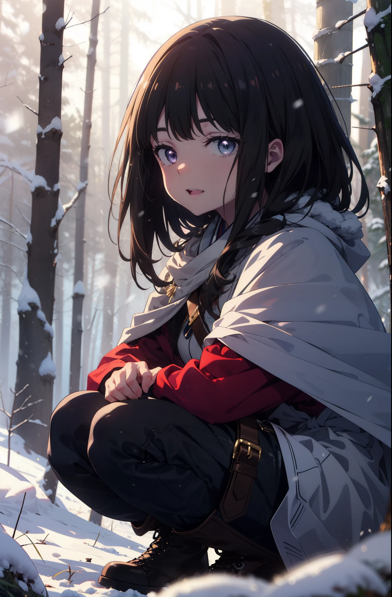 Takiuchi, Inoue Check, Long Hair, bangs, Black Hair, (Purple eyes:1.2),smile,
Open your mouth,snow,Bonfire, Outdoor, boots, snowing, From the side, wood, suitcase, Cape, Blurred, forest, nature, Squat, Cape, winter, Written boundary depth, Black shoes, blue Cape break looking at viewer, Upper Body, whole body, break Outdoor, forest, nature, break (masterpiece:1.2), highest quality, High resolution, unity 8k wallpaper, (shape:0.8), (Beautiful and beautiful eyes:1.6), Highly detailed face, Perfect lighting, Extremely detailed CG, (Perfect hands, Perfect Anatomy),