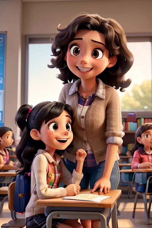 scene capturing the joyful interaction between a 10 year old Caucasian girl and a 10 year old caucasian girl with black hair.School setting. The girl has long, brown, wavy hair, and both girls are depicted sharing genuine laughter and camaraderie. The atmosphere should radiate positivity and friendship, with subtle details like school supplies or classroom décor to establish the setting. Ensure that their expressions and body language convey the warmth and authenticity of their bond, fostering a sense of connection and shared happiness.