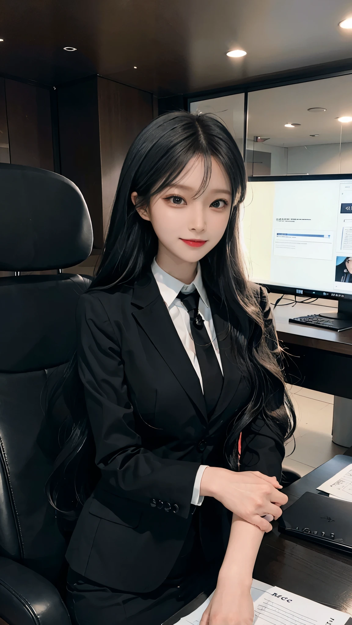 The male protagonist talks to a woman in a business suit with long black hair, Woman smiling，The picture is pleasant, Five luxurious offices