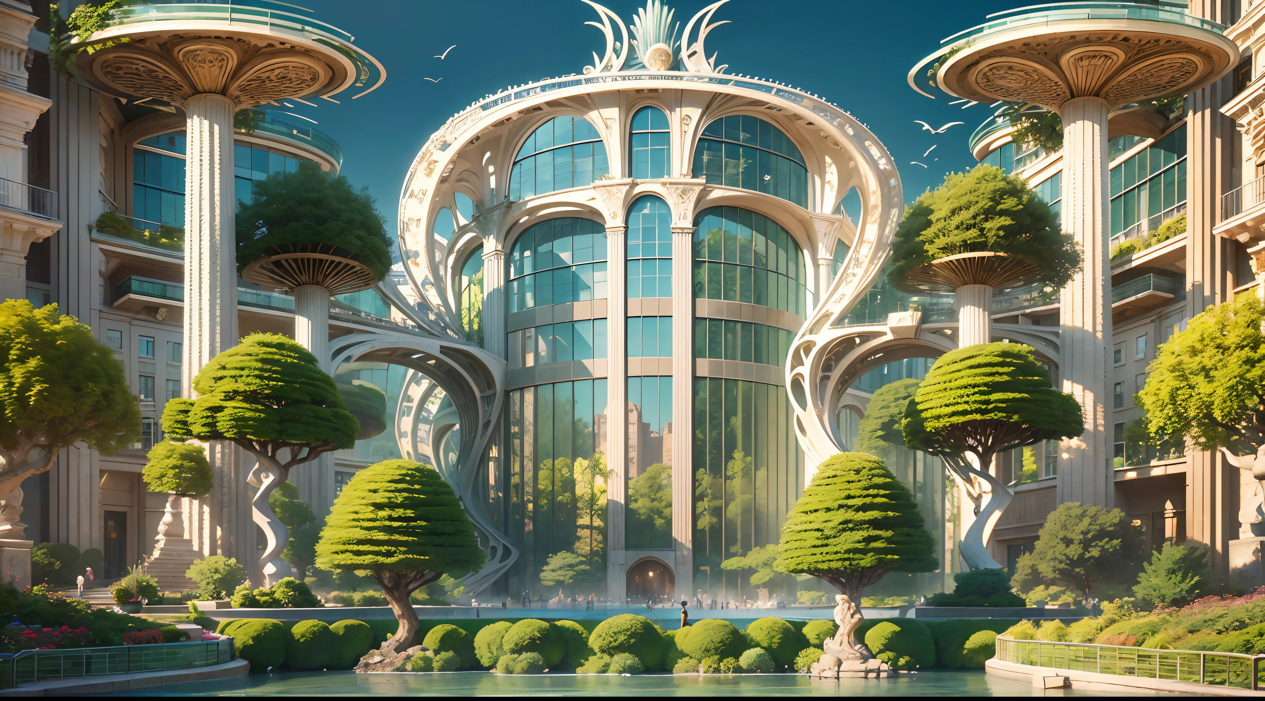 (best quality,4k,8k,highres,masterpiece:1.2),ultra-detailed,(realistic,photorealistic,photo-realistic:1.37),mushroom-shaped building,illustration,stone texture,green garden,blue sky,unique architecture,vibrant colors,soft sunlight,urban fantasy,enchanted atmosphere,futuristic concept,curved lines,sleek design,towering structure,large glass windows,spacious interior,open-air rooftop garden,elegant entrance,artistic sculptures,lively flowers,bustling cityscape,peaceful oasis,people leisurely strolling,calm reflection pool,winding pathways,bird's-eye view,impressive scale,modern marvel,immaculate cleanliness,architectural masterpiece,awe-inspiring,sculptural composition,harmony between nature and technology,dramatic shadows,striking silhouette,majestic presence,magical ambiance,ethereal vibes,lively energy