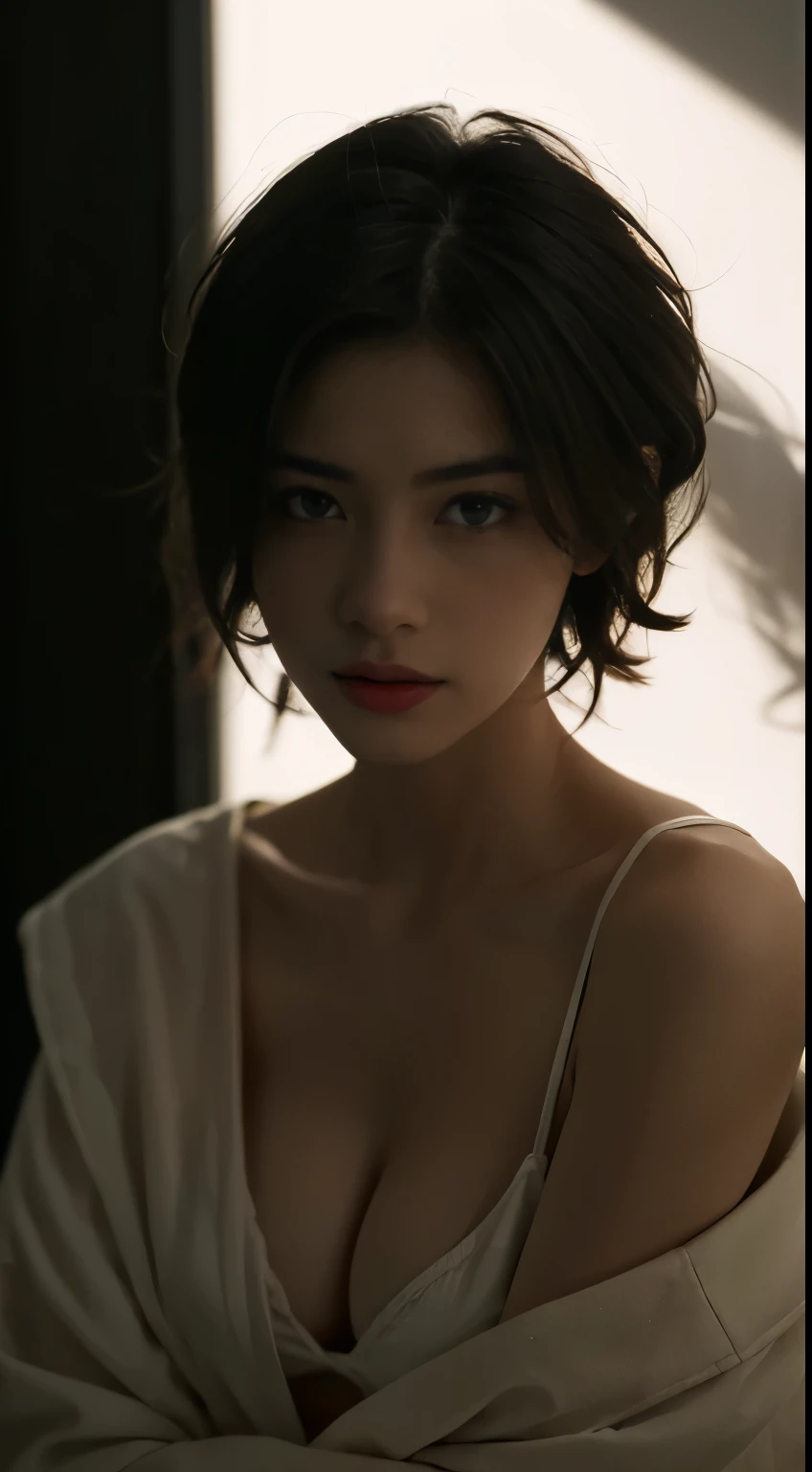 Best quality, masterpiece, ultra high res, (photorealistic:1.5), raw photo, 1girl,, in the dark, deep shadow, low key, cold light, sexy look, short hair, smooth , sexy , leaf shadow, loose