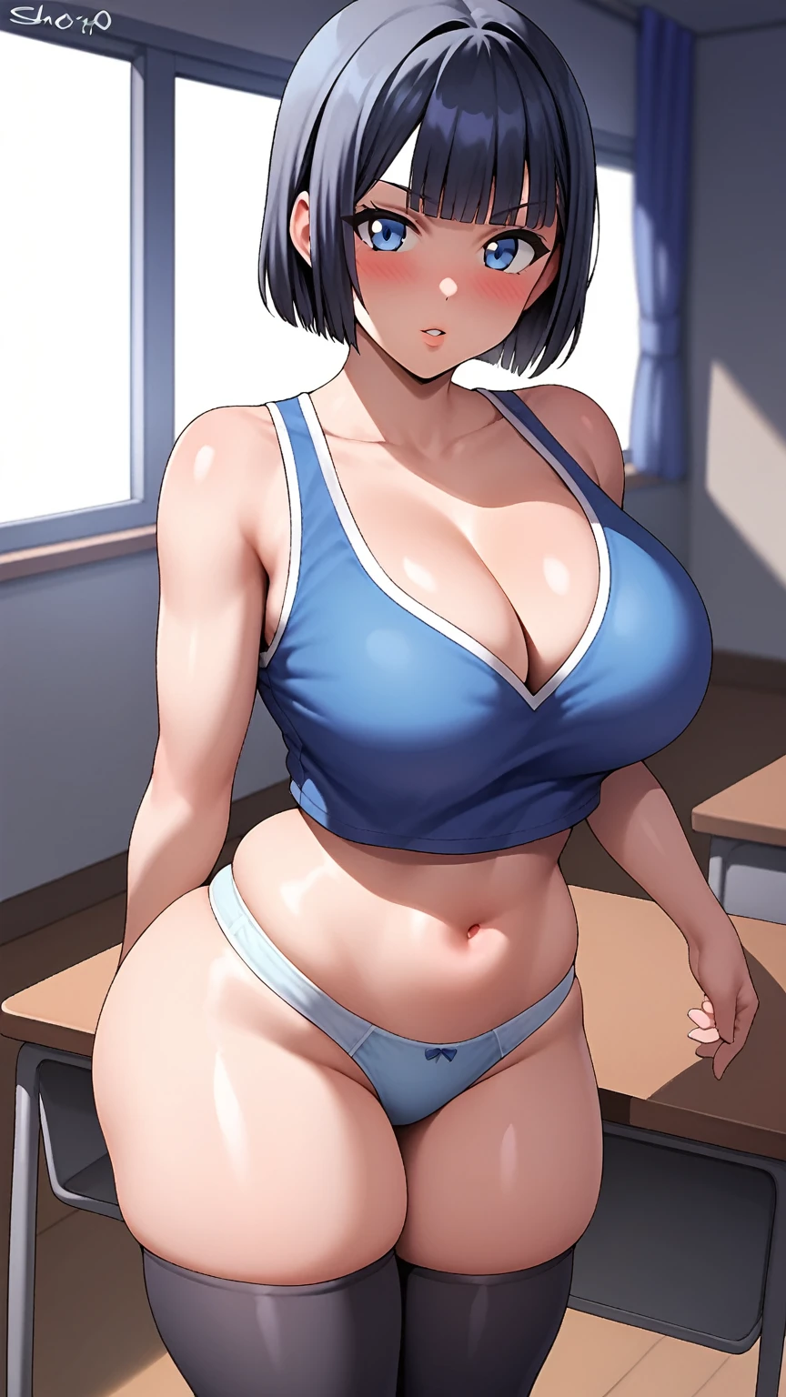 1girl, breasts, black_hair, solo, blue_eyes, navel, thighhighs, short_hair, bangs, indoors, large_breasts, cleavage, desk, classroom, looking_at_viewer, thighs, blue_shirt, bare_shoulders, parted_lips, blush, underwear, panties, crop_top, shirt, sleeveless, blue_panties, blunt_bangs, black_thighhighs, collarbone, school_desk, thick_thighs, shiny_skin, skindentation, midriff